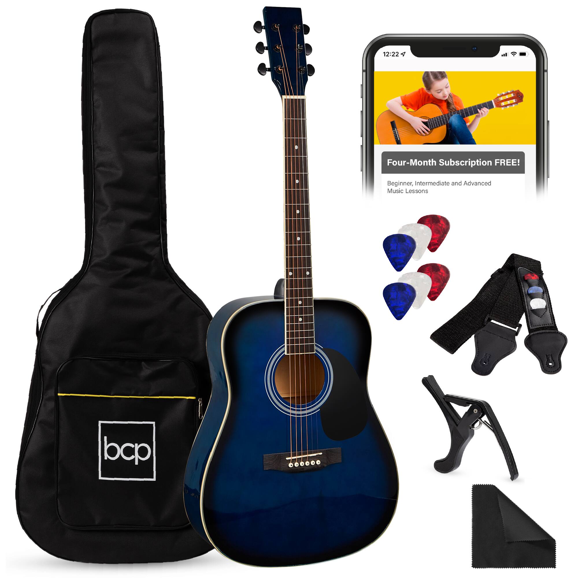 Best Choice Products - 41in Full Size All-Wood Acoustic Guitar Starter Kit w/Gig Bag, E-Tuner, Pick, Strap, Rag - Blue