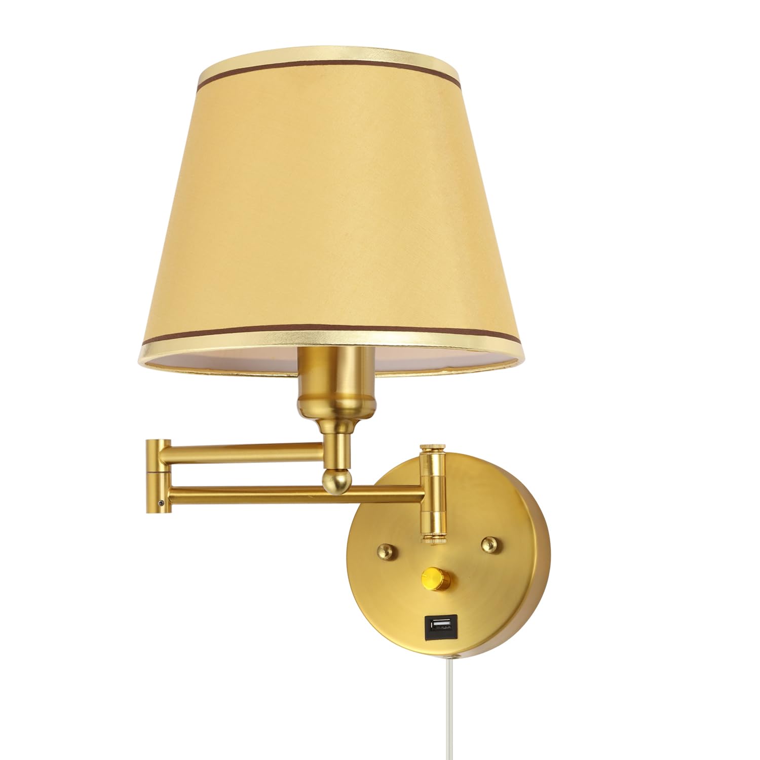 Front. TECH SAFARI - Swing Arm Wall Lamp Mount With Cord Plug In Sconce Lighting Dimmable On Off Light Usb Port For Bedroom Read - Gold.