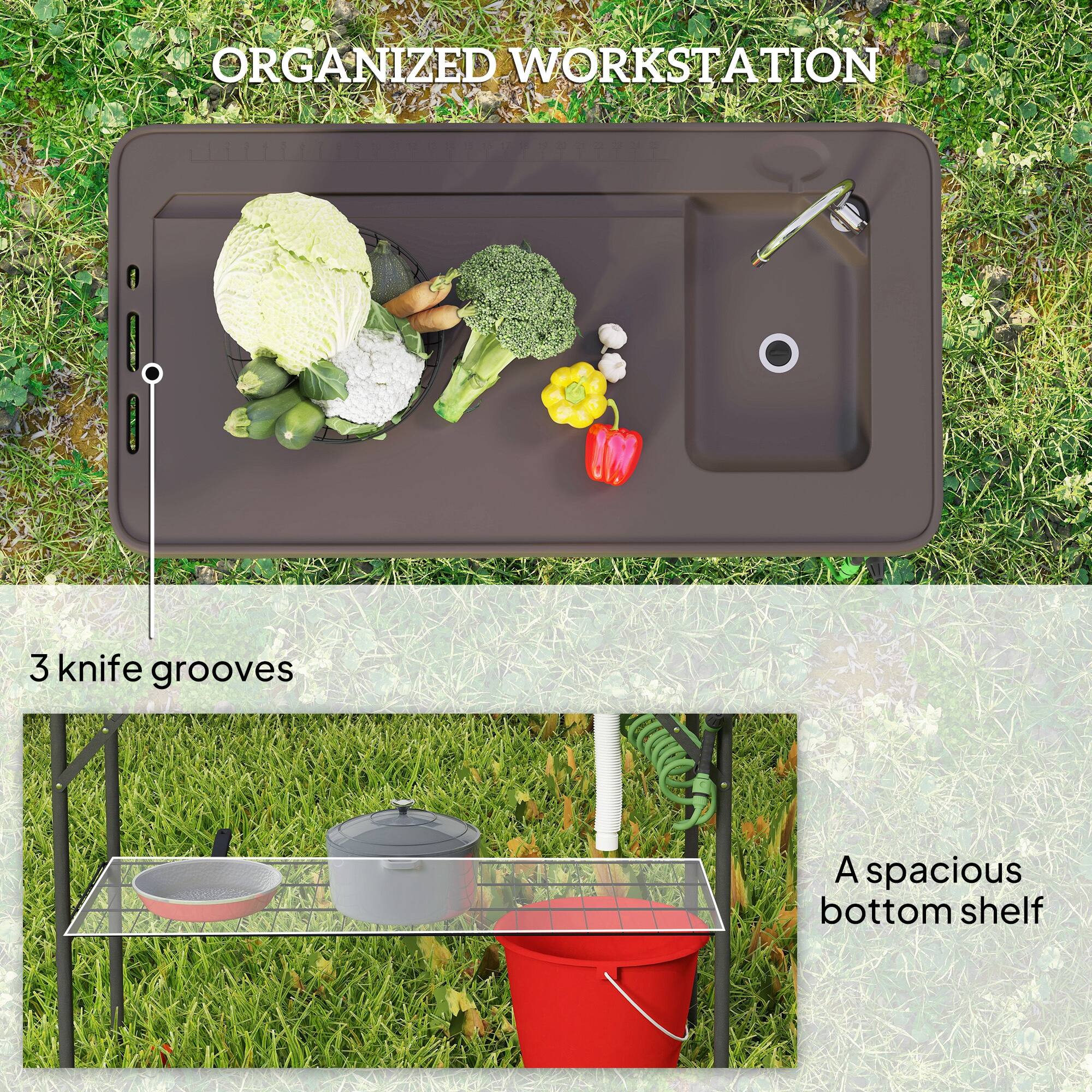 ORGANIZED WORKSTATION
3 knife grooves
A spacious bottom shelf