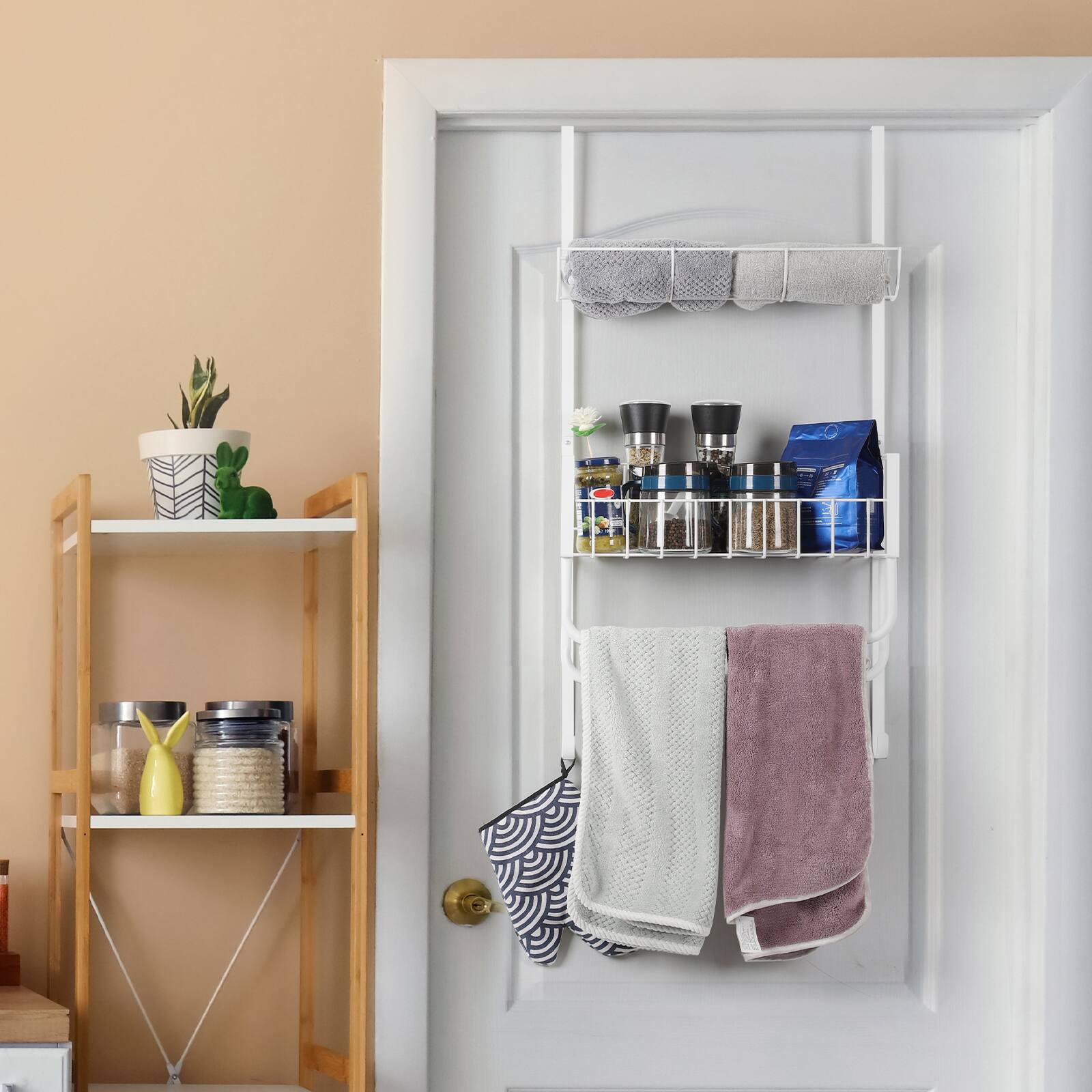 Alt View 3. Oumilen - Matte White Over Door Metal Towel & Bathroom Storage Organizer Rack - White.