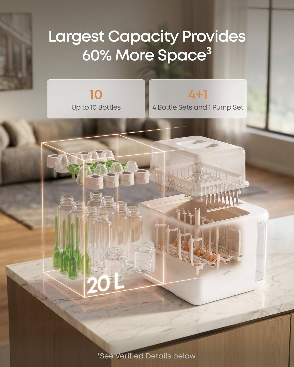 Largest Capacity Provides 60% More Space³  
Up to 10 Bottles  
4+1 4 Bottle Sets and 1 Pump Set  
20 L  
*See Verified Details below.