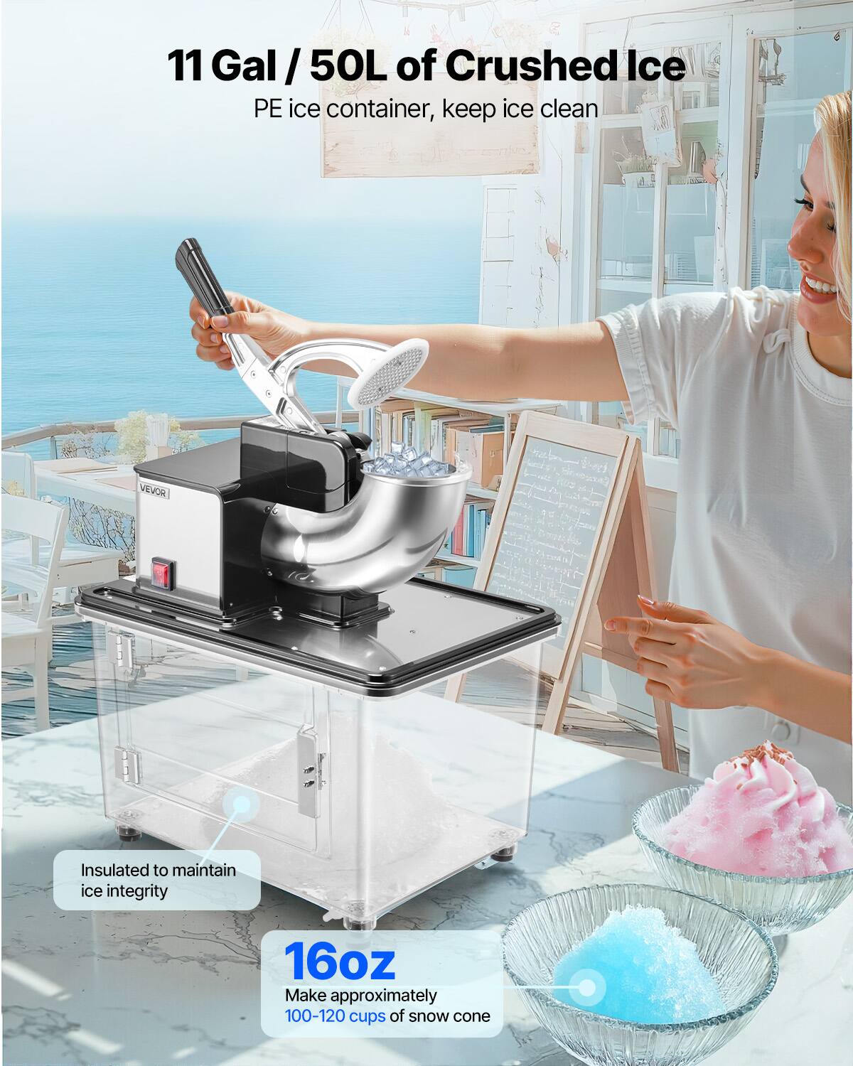 11 Gal / 50L of Crushed Ice, PE ice container, keep ice clean, VEVOR, Insulated to maintain ice integrity, 16oz, Make approximately 100-120 cups of snow cone