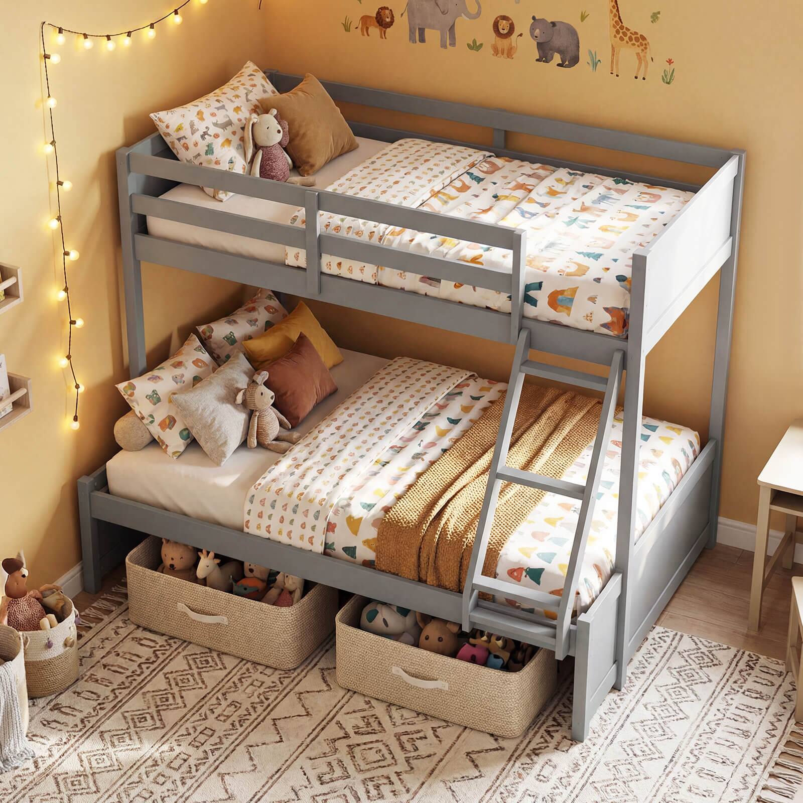 Alt View 1. Costway - Costway Twin Over Full Bunk Bed with 3-Step Ladder Full-Length Guardrails 21 Support Slats - Gray.