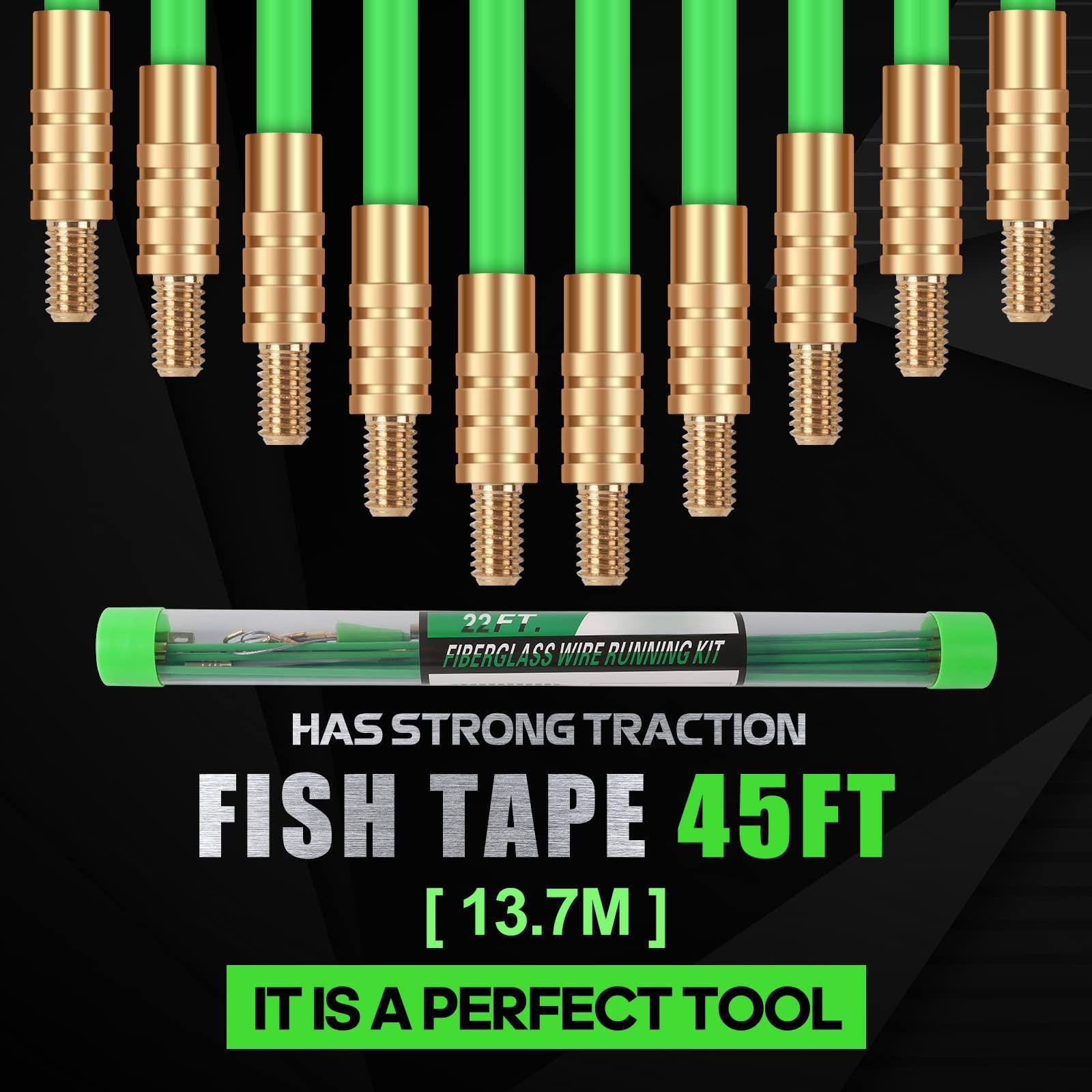 22FT FIBERGLASS WIRE RUNNING KIT HAS STRONG TRACTION FISH TAPE 45FT [13.7M] IT IS A PERFECT TOOL