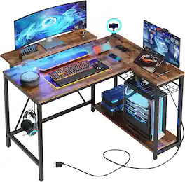 Bestier - L-Shaped Gaming Desk with Power Outlets LED Lights and Reversible Storage Shelves & Hooks - 42" Wide - Rustic Brown