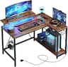 Bestier - L-Shaped Gaming Desk with Power Outlets LED Lights and Reversible Storage Shelves & Hooks - 42" Wide - Rustic Brown