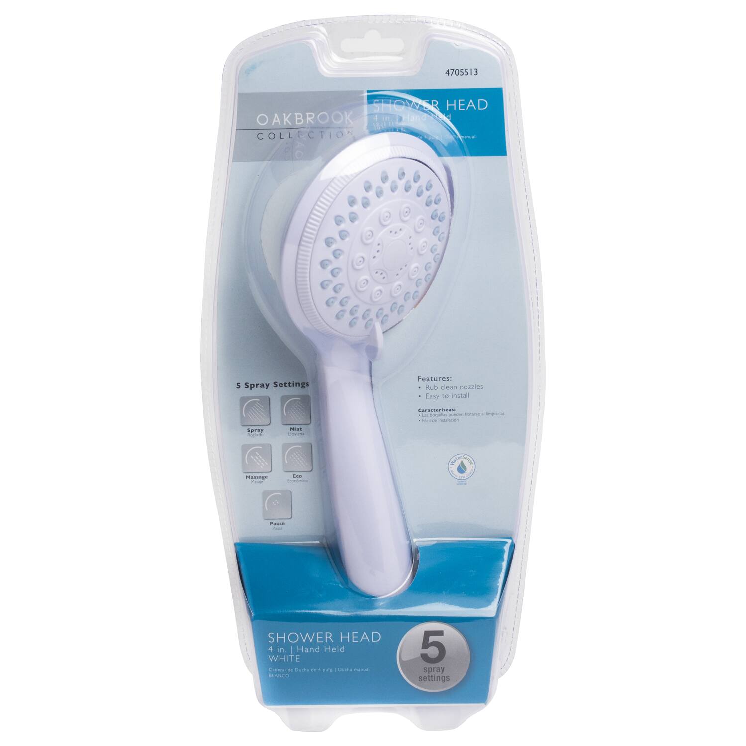 4705513 SHOWER HEAD OAKBROOK 4in mD WE COLLECTION 5 Spray Settings Features: Rub clean nozzles Easy to install C.c d - - - - + mpee d - - - - - ar I mist C n- | ..m - i : SHOWER HEAD 4 in. I Hand Held WHITE Caa - dua - ag Churts - ANCC 5 spray settings