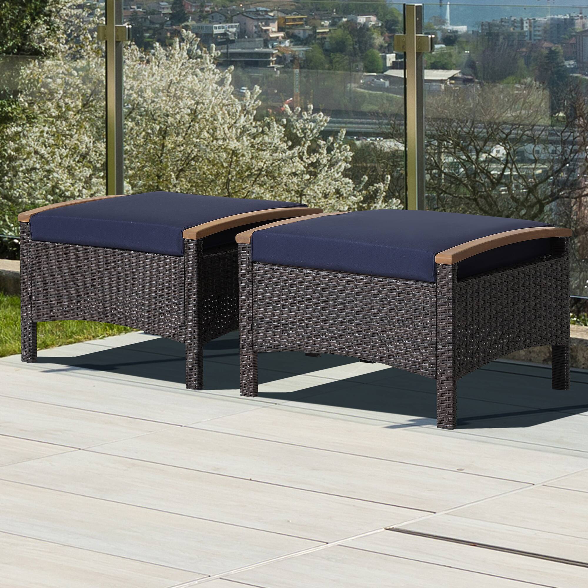 Alt View 2. Costway - Costway Set of 2 Patio Rattan Ottoman Footrest Cushions Wooden Handle - Mix Brown,Navy.