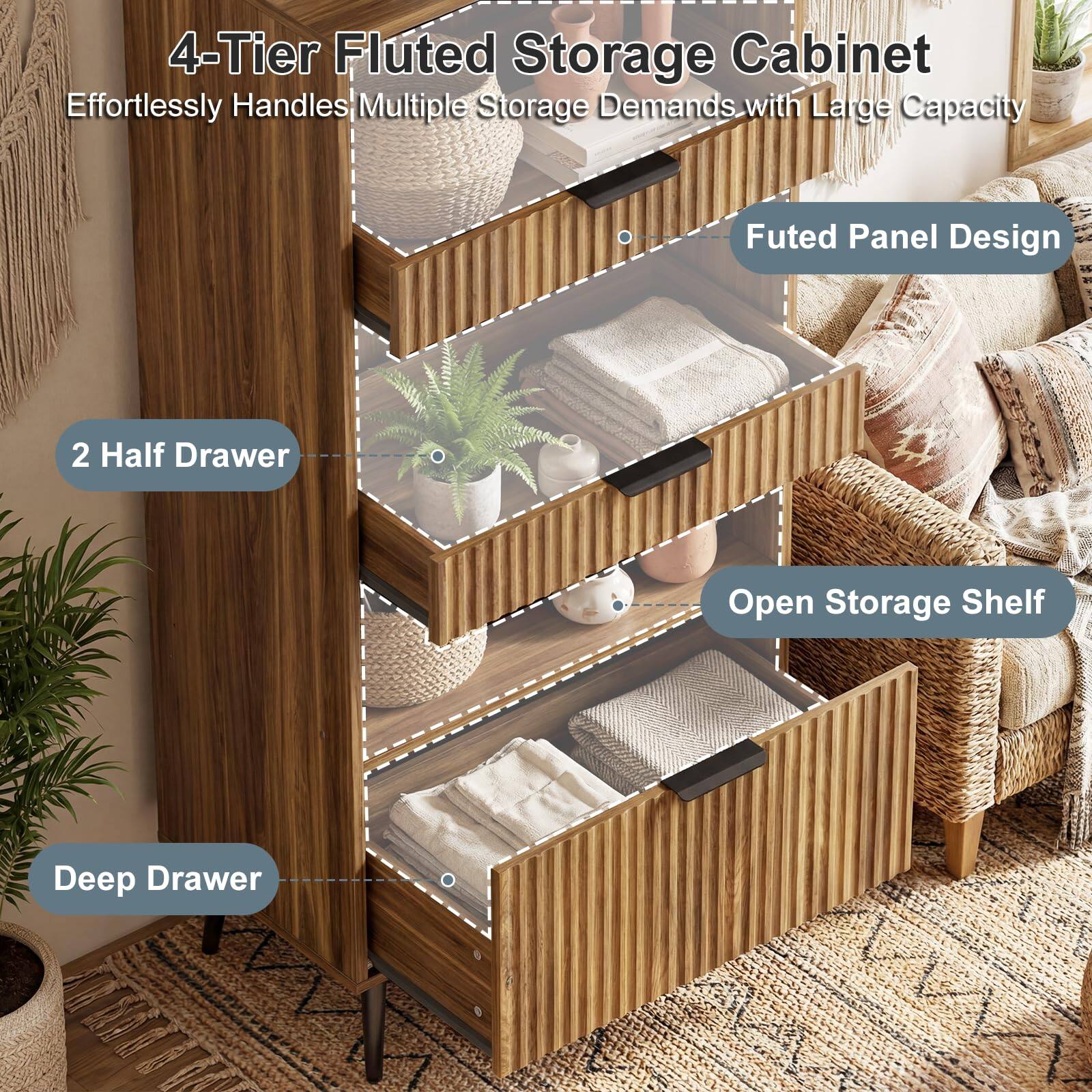4-Tier Fluted Storage Cabinet Effortlessly Handles Multiple Storage Demands with Large Capacity Fluted Panel Design 2 Half Drawer Open Storage Shelf Deep Drawer