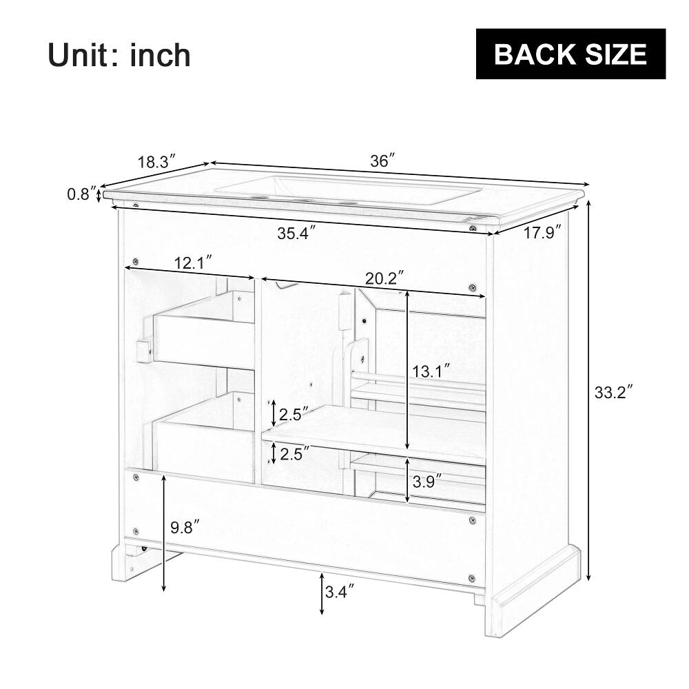 Unit: inch

BACK SIZE
18.3"
36"
0.8"
12.1"
35.4"
20.2"
17.9"
2.5"
13.1"
33.2"
2.5"
3.9"
9.8"
3.4"