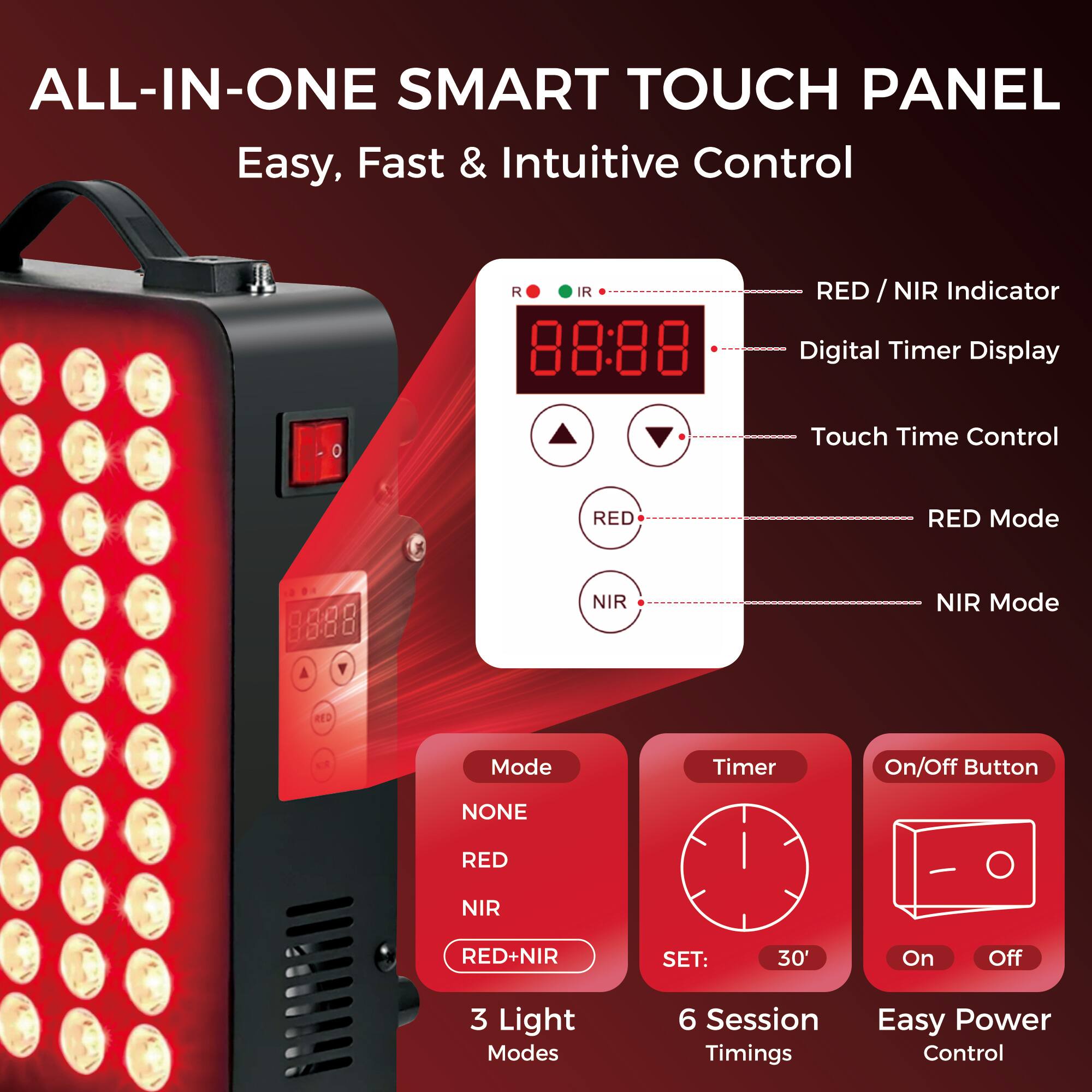 ALL-IN-ONE SMART TOUCH PANEL  
Easy, Fast & Intuitive Control  

- RED / NIR Indicator  
- Digital Timer Display  
- Touch Time Control  
- RED Mode  
- NIR Mode  

Mode:  
- NONE  
- RED  
- NIR  
- RED+NIR  

3 Light Modes  
6 Session Timings  

Timer:  
- SET: 30'  

On/Off Button:  
- On  
- Off  

Easy Power Control