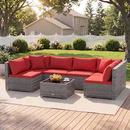 Costway - 7PCS Patio Furniture Set with Tempered Glass Coffee Table, Soft Pillows & Cushions - Mix Gray+Red