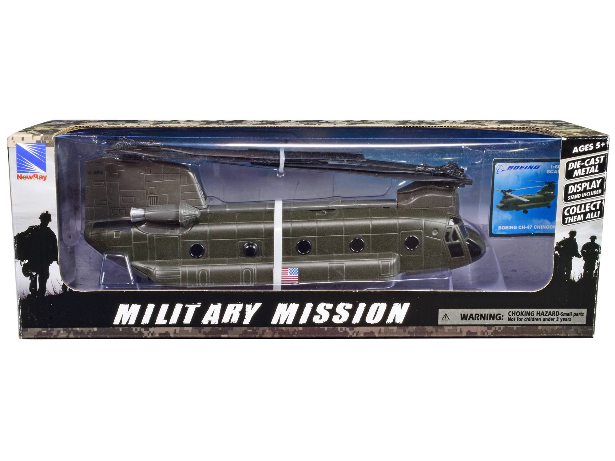 NewRay AGES 5+ BOEING 1:60 DIE-CAST SCA METAL DISPLAY INCLUDED STAND COLLECT ALL! THEM BOLING CH-47 CHINOOK MILITARY MISSION WARNING: Not CHOKING for children HAZARD-Small parts under 3 years