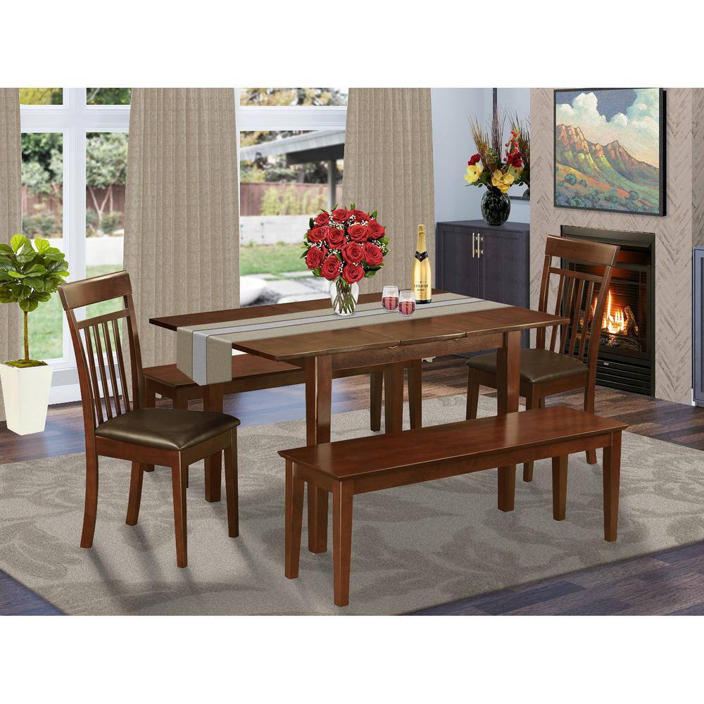 Alt View 2. East West Furniture - 5 Pc Dining room set with bench - Table with 2 Dining Chairs and 2 Benches - Mahogany.