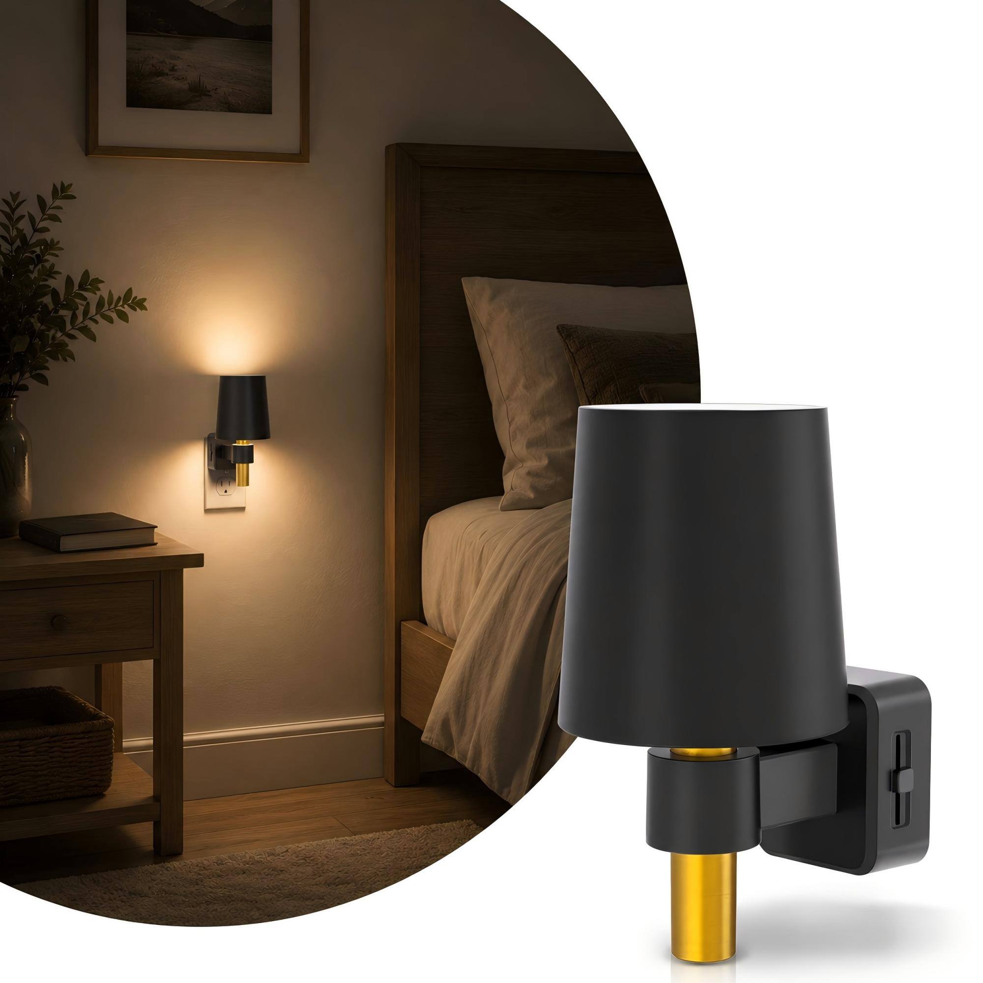 Angle. Jandcase - JANDCASE 1W Plug-in Light Sensor Night Light, 3000K Warm Glow,Painted Round Shade , Up/Down Light, US 3-Prong - Black.