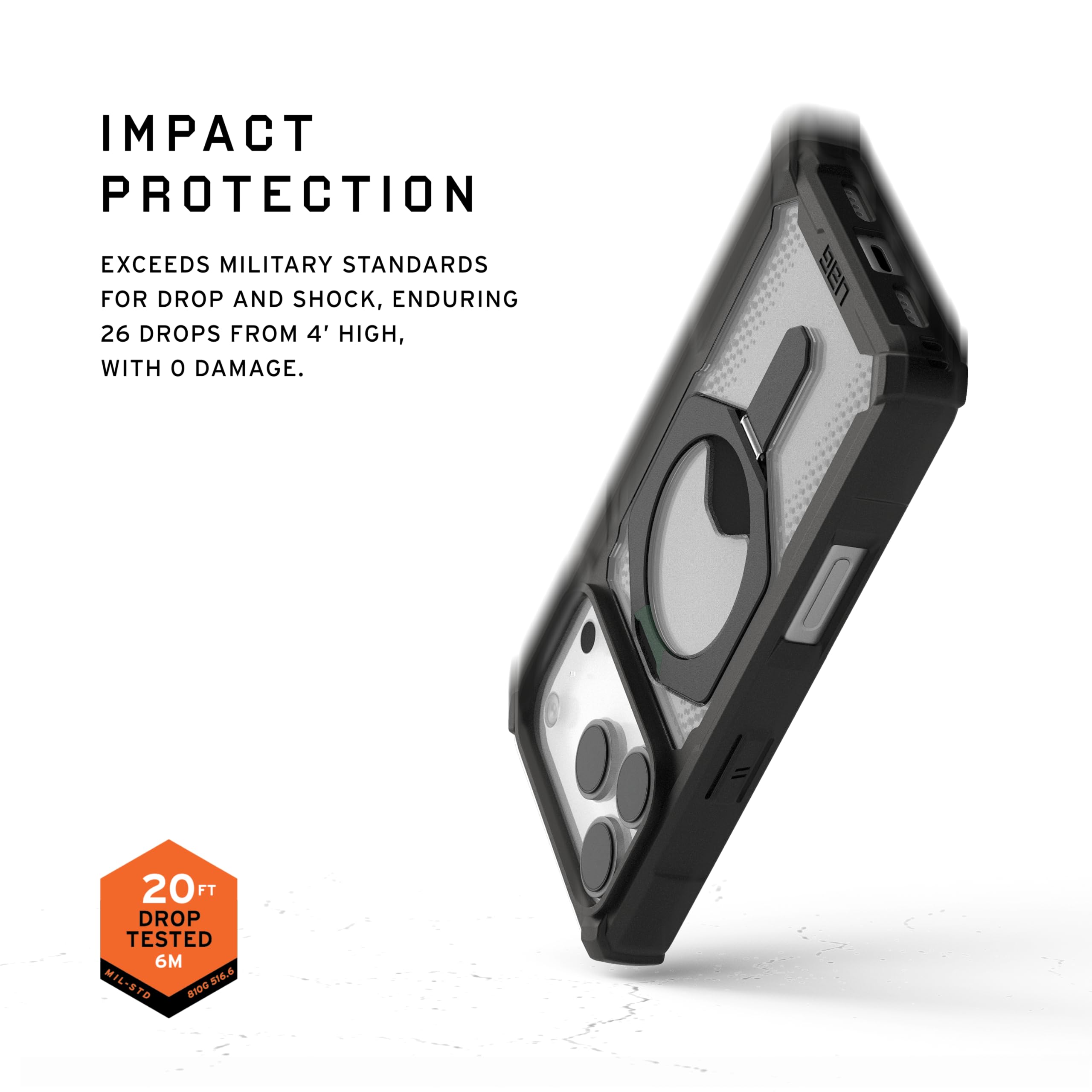 IMPACT PROTECTION

EXCEEDS MILITARY STANDARDS FOR DROP AND SHOCK, ENDURING 26 DROPS FROM 4' HIGH, WITH 0 DAMAGE.

20 FT DROP TESTED 6M

MIL-STD-810G