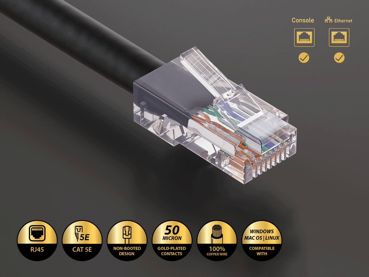 Console  
Ethernet  
5E  
50 MICRON  
WINDOWS MAC OS | LINUX  
RJ45  
CAT 5E  
NON-BOOTED GOLD-PLATED DESIGN CONTACTS  
100% COPPER WIRE  
COMPATIBLE WITH