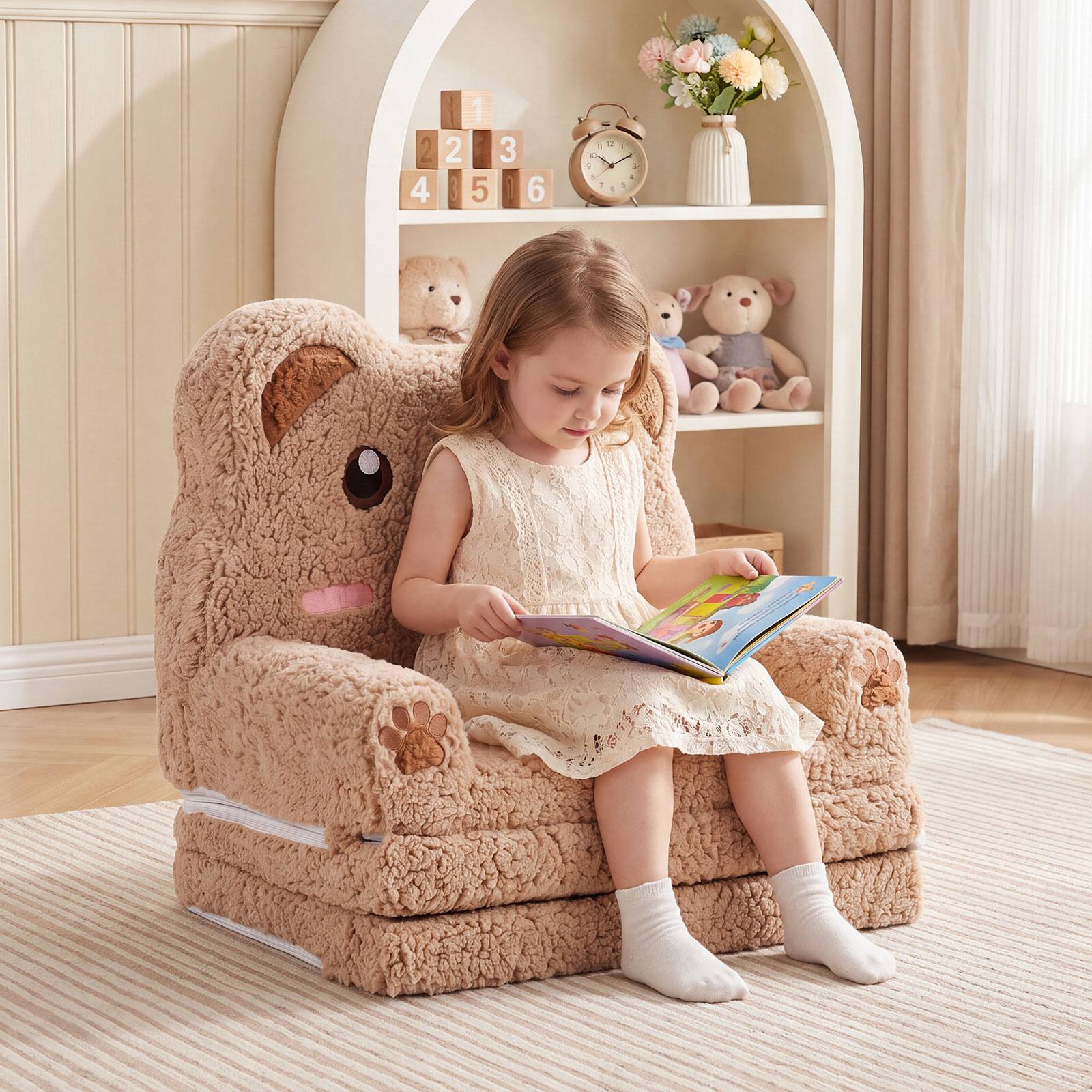 Alt View 1. Costway - Costway 2-in-1 Foldable Kids Sofa Bed Convertible Lounger with Washable Removable Slipcover Brown Bear - Brown Bear.