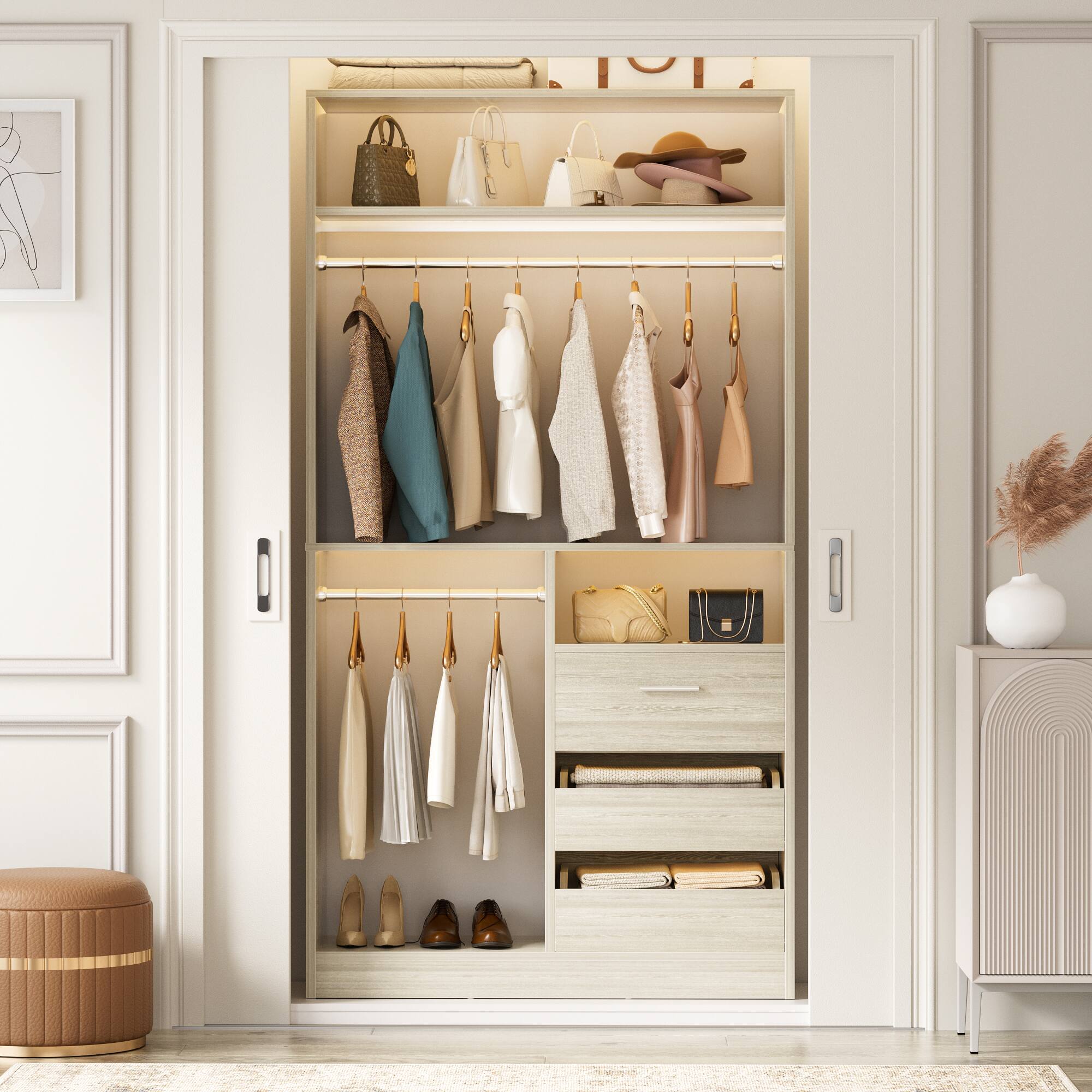 Left. Aheaplus - 36" Freestanding Closet Organizer with 3 Drawers, 2 Hanging Rods & Shoe Storage - White Oak.