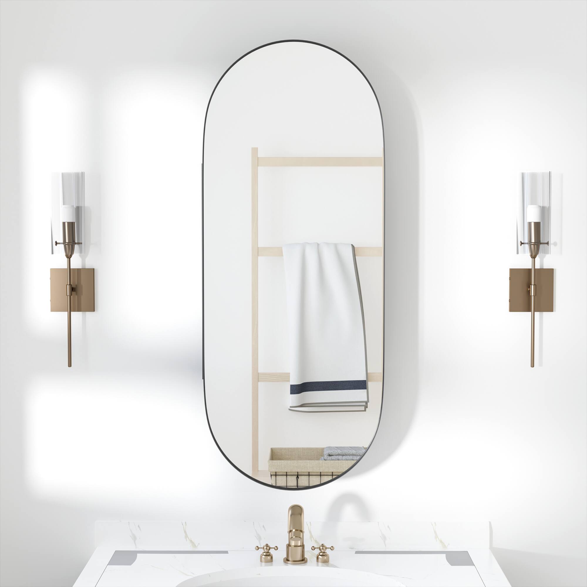 Front. PexFix - 16" x 32" Oval Mirror Medicine Cabinet - Metal Frame, Recessed or Surface Mount for Bathroom Storage - Black.