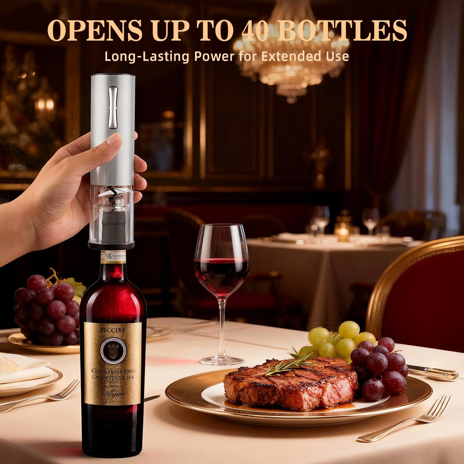 OPENS UP TO 40 BOTTLES  
Long-Lasting Power for Extended Use