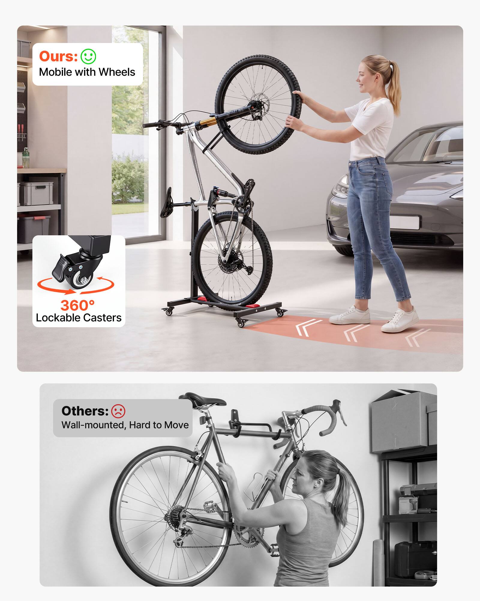 Ours: Mobile with Wheels  
360° Lockable Casters  

Others: Wall-mounted, Hard to Move