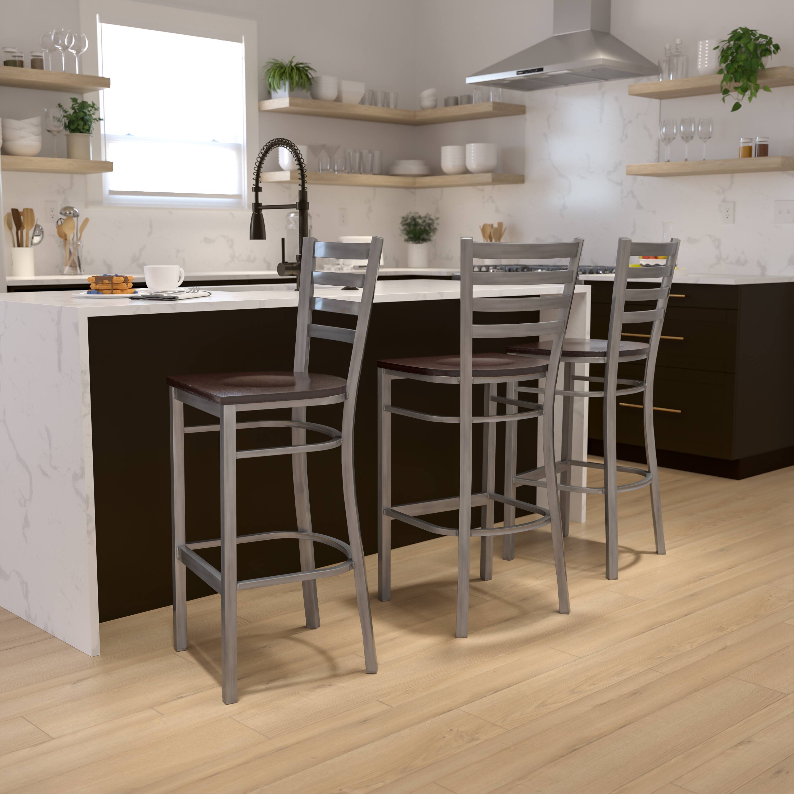 Alt View 1. Emma + Oliver - Clear Coated Ladder Back Metal Restaurant Dining Barstool - Walnut Wood Seat/Clear Coated Metal Frame.