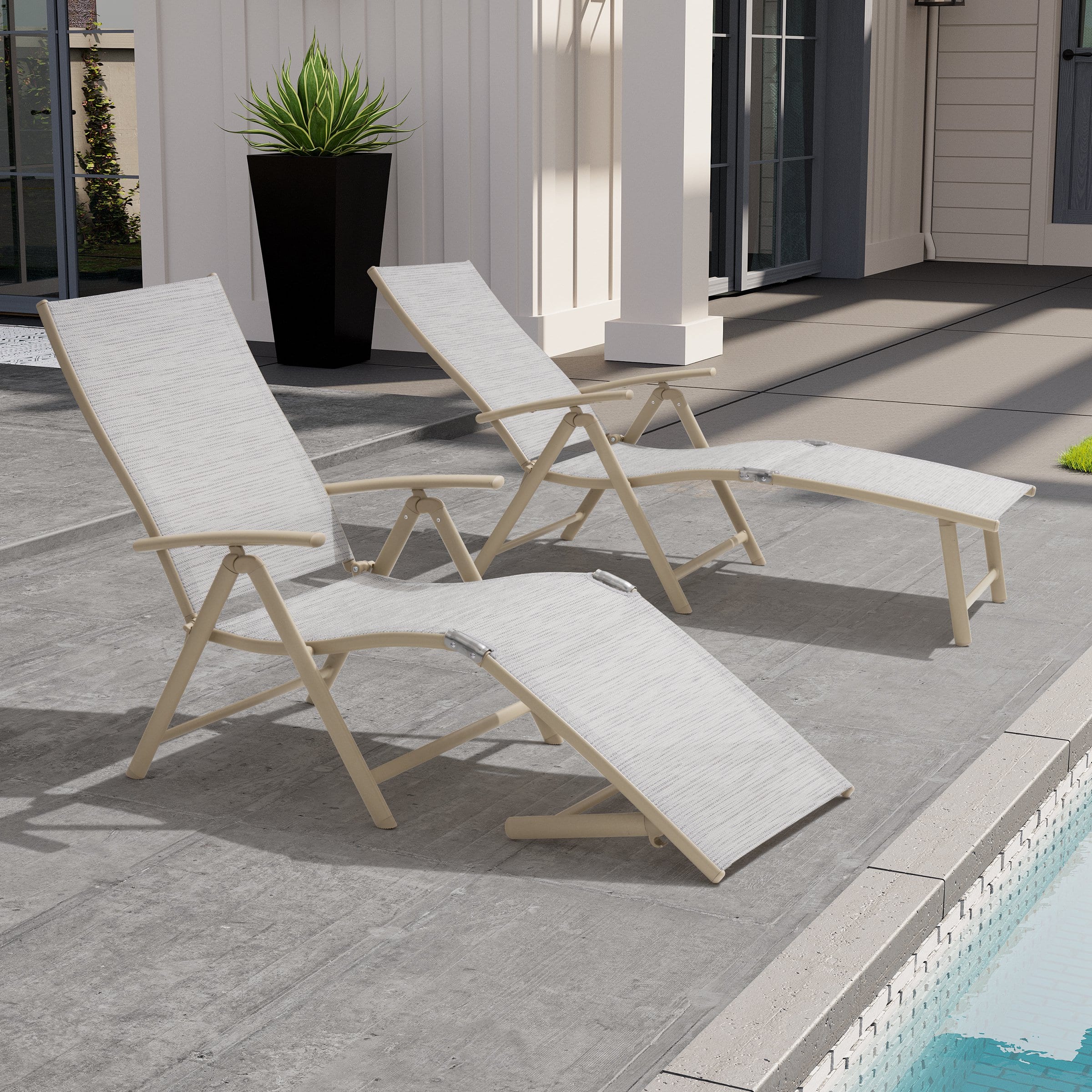 Crestlive Products - Outdoor Aluminum Folding Recliner Adjustable Chaise Lounge (Set of 2) - Whtie Gray
