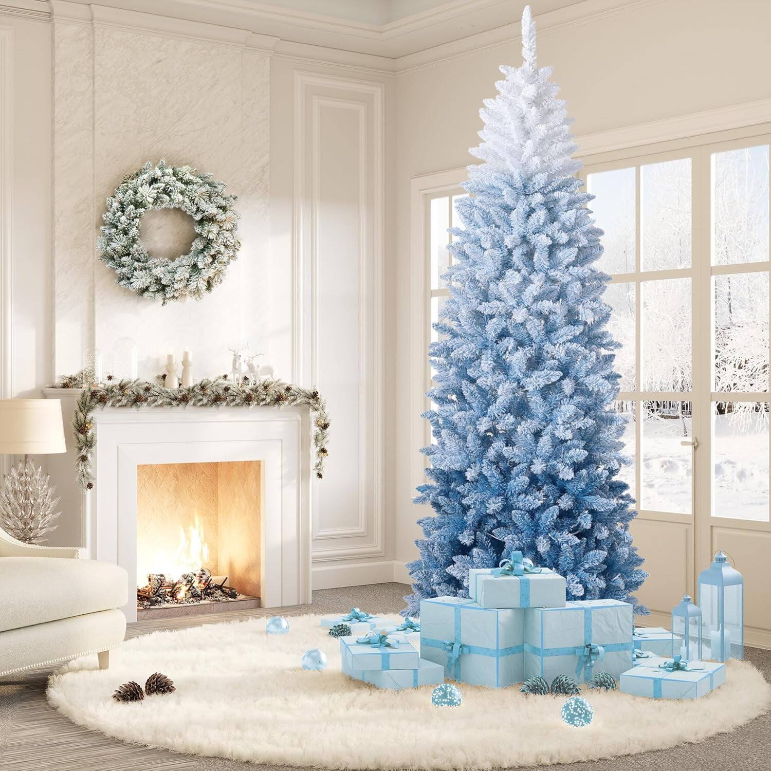 Angle. Qeetex - 7.5ft Pencil Christmas Tree, Slim Flocked Artificial Tree for Christmas Decorations - White Blue 7.5ft.