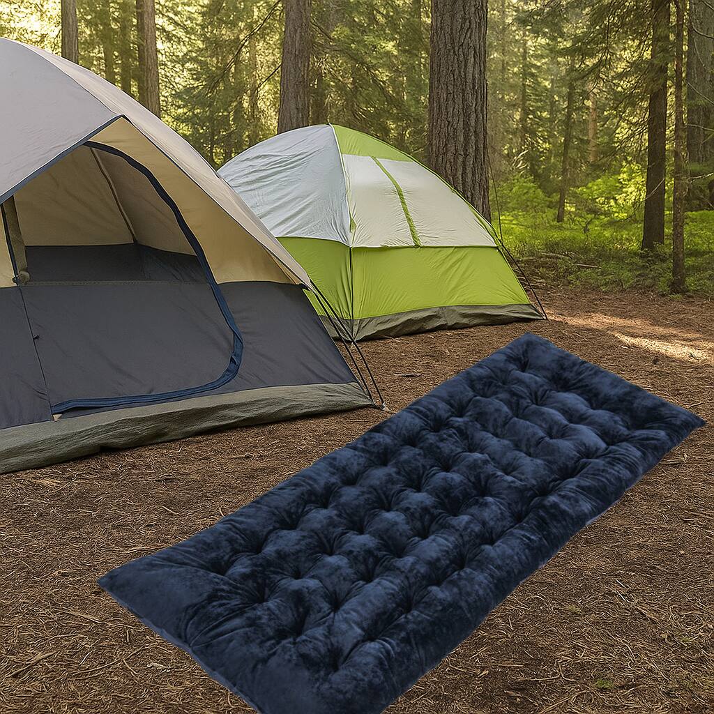 Front. BreeBe - Portable Camping Cot Mattress with Plush Crystal Velvet Surface - Navy.