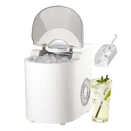 Front. VEVOR - Countertop Ice Maker, 7 Cubes Ready in 6 Mins, 26 lbs per Day, Self-Cleaning Portable Machine with Ice Scoop - White.