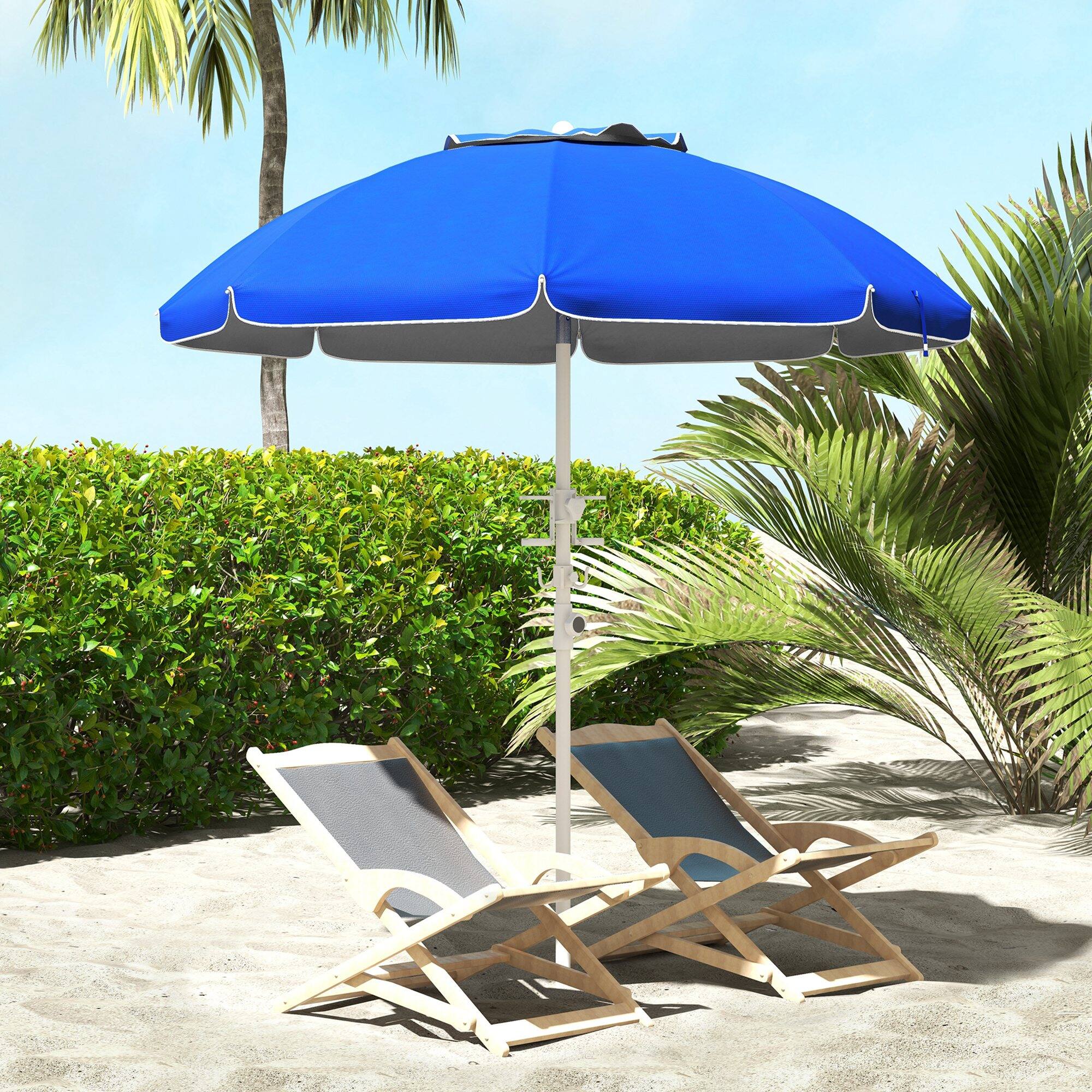 Alt View 1. Outsunny - 5.7' Portable Beach Umbrella with Tilt, Adjustable Height, 2 Cup Holders & Hooks - Blue.