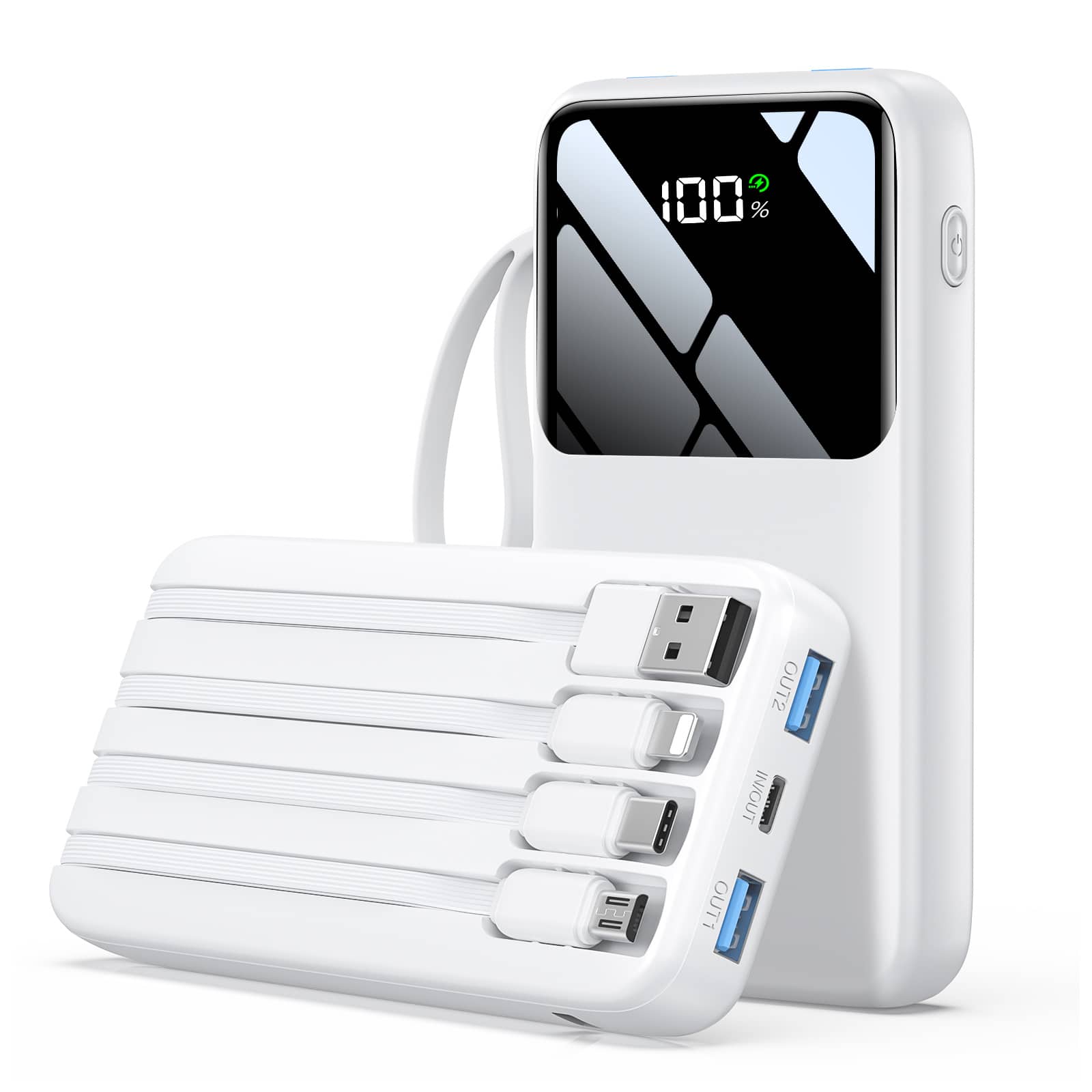 Trigiz - 15,000mAh 22.5W Fast Charging Power Bank/Portable Charger with Built-in Cables, Travel Essential for iPhone/Android/iPad - White