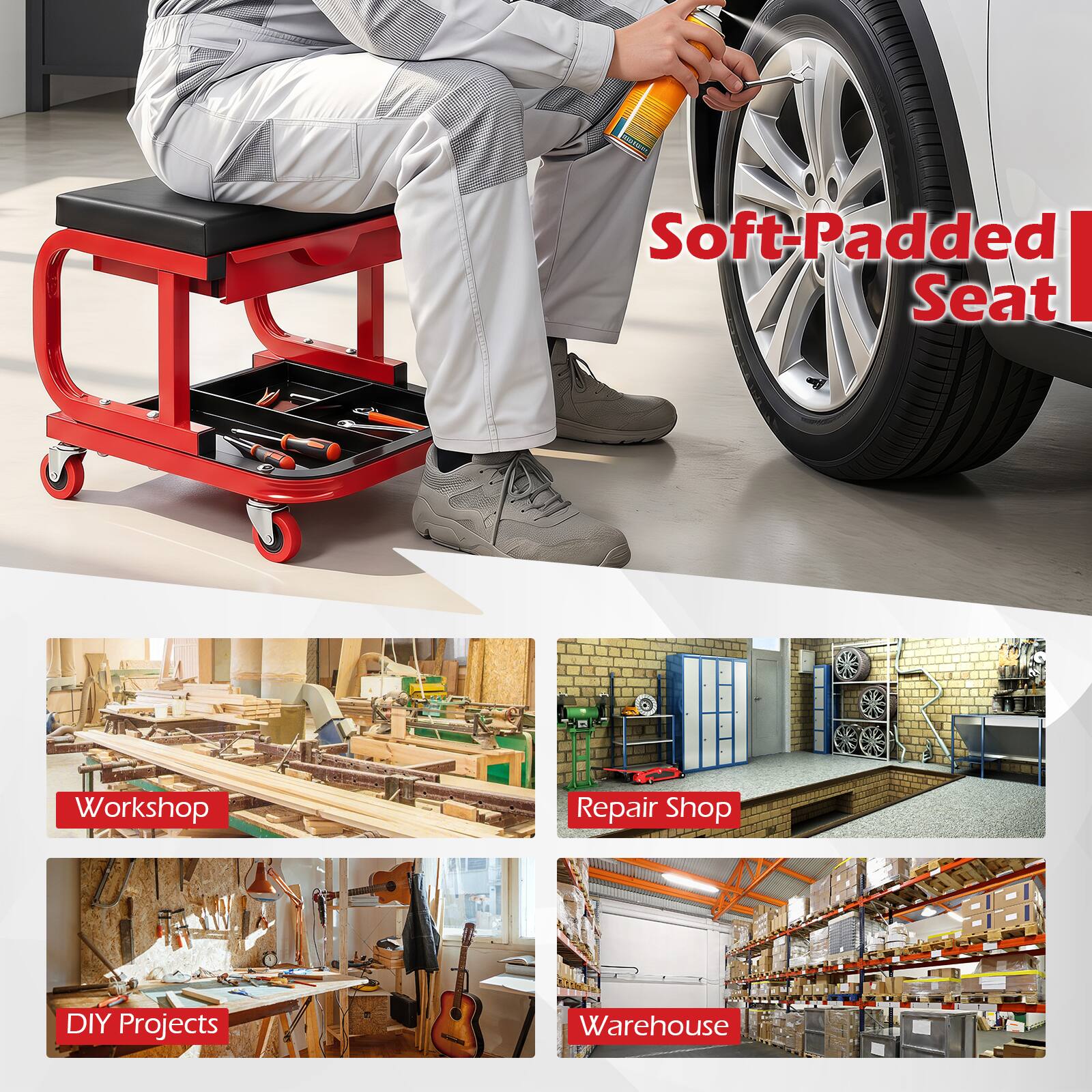 Soft-Padded Seat  
Workshop  
Repair Shop  
DIY Projects  
Warehouse