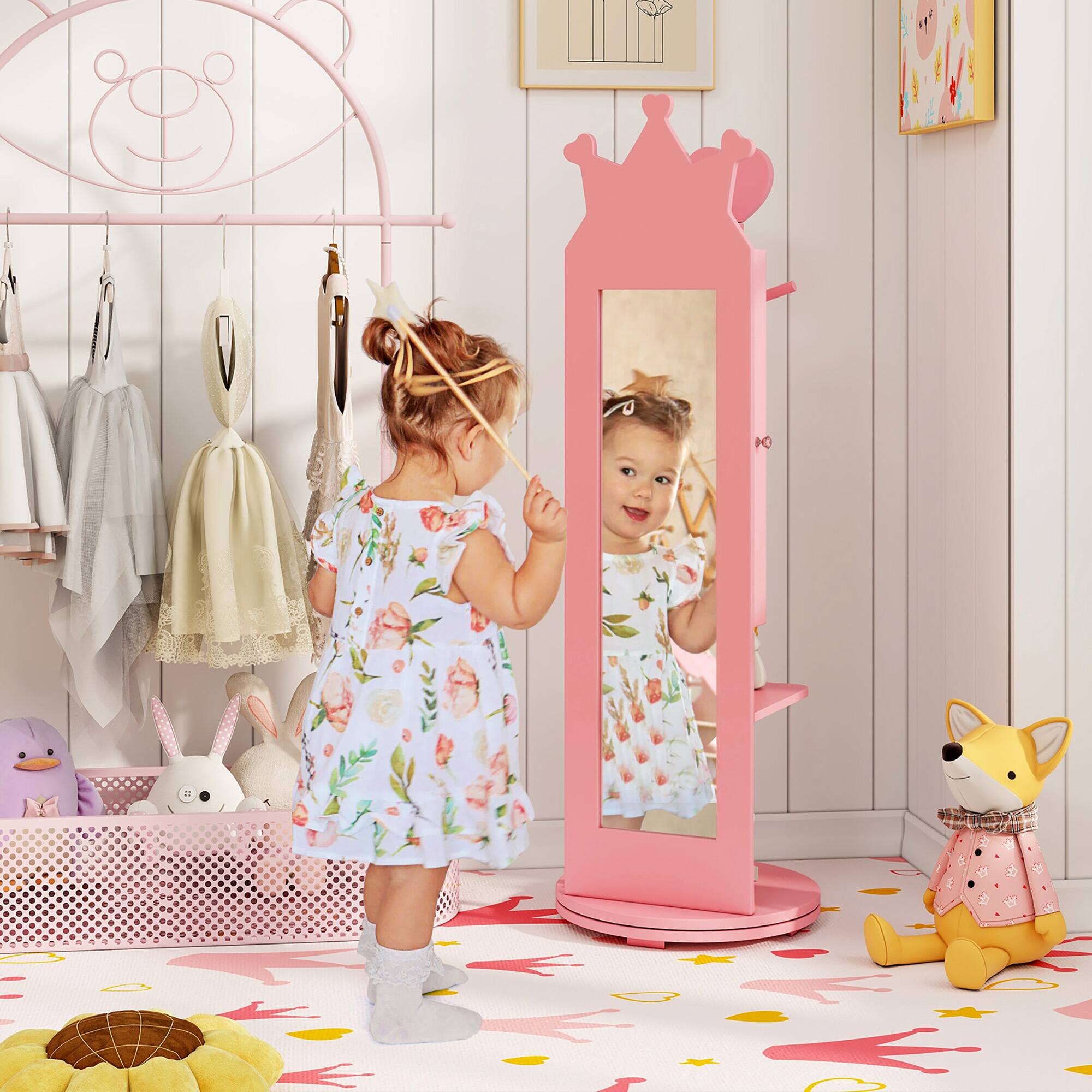 Alt View 3. Gymax - Gymax Kids Vanity Set Princess Makeup Dressing Table &Chair Set w/ Coat Rack Pink - Pink.