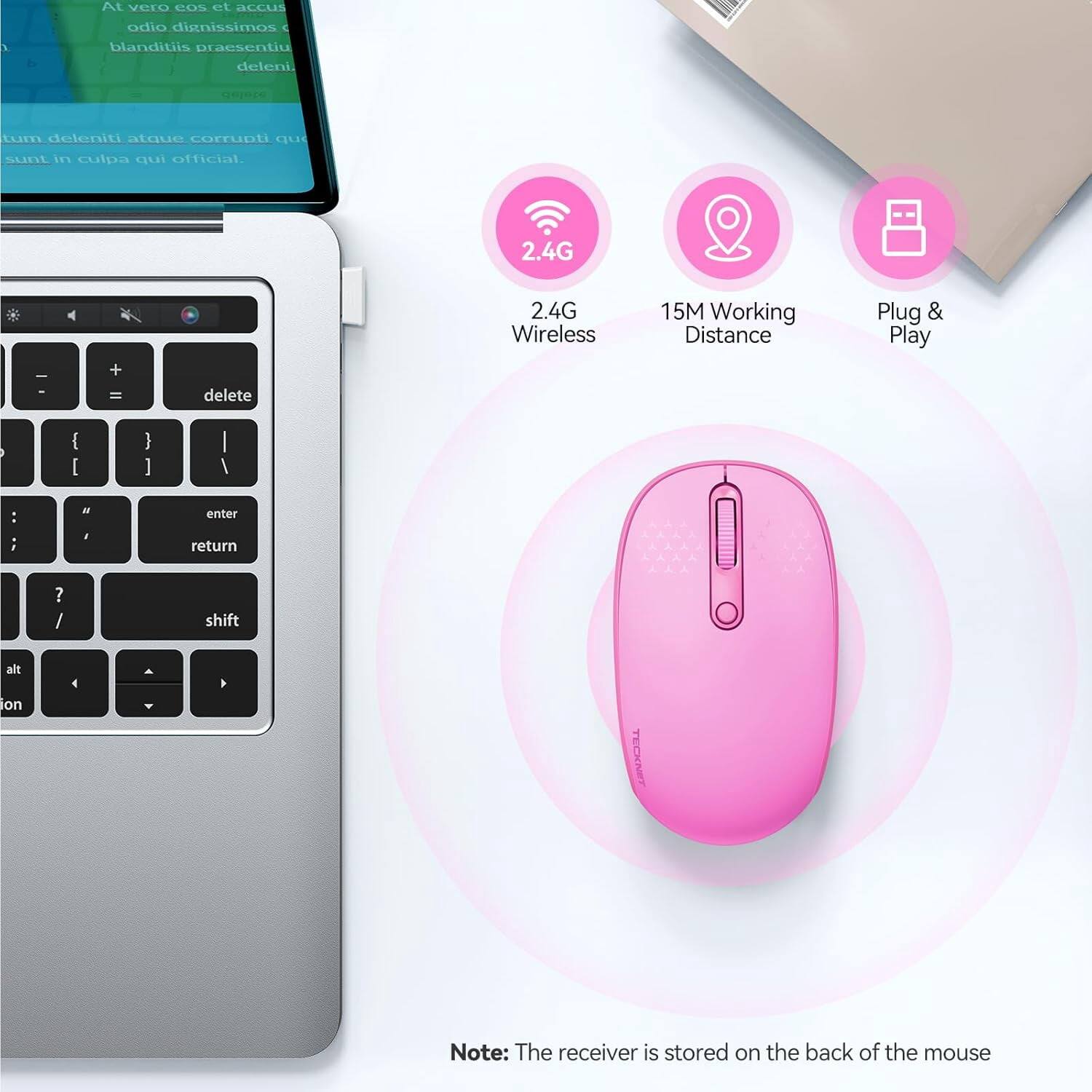 At vero eos et accus
b
odio dignissimos ( blanditiis praesentiu deleni.
quilice
tum deleniti atque corrupti qu sunt in culpa qui official.
2.4G
-
+ =
delete
2.4G Wireless
15M Working Distance
Plug & Play
{ [
} ]
:
"
enter
;
I
return
? /
shift
alt

on

Note: The receiver is stored on the back of the mouse