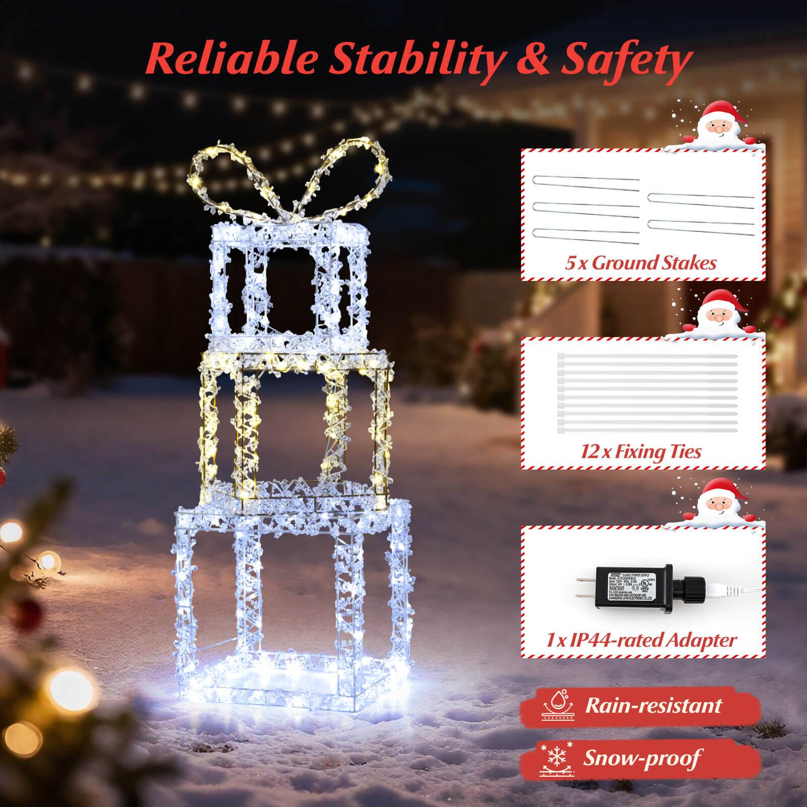 Reliable Stability & Safety

- 5x Ground Stakes
- 12x Fixing Ties
- 1x IP44-rated Adapter

Rain-resistant
Snow-proof