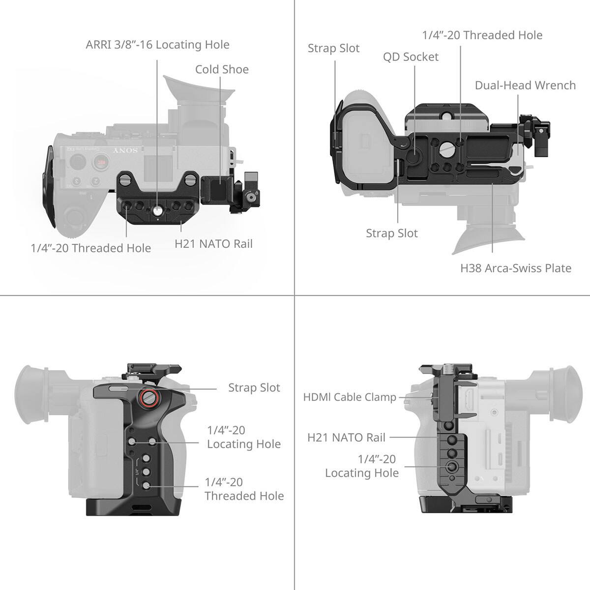 ARRI 3/8"-16 Locating Hole  
Cold Shoe  
1/4"-20 Threaded Hole  
H21 NATO Rail  

Strap Slot  
QD Socket  
Dual-Head Wrench  
H38 Arca-Swiss Plate  

HDMI Cable Clamp  
1/4"-20 Locating Hole
