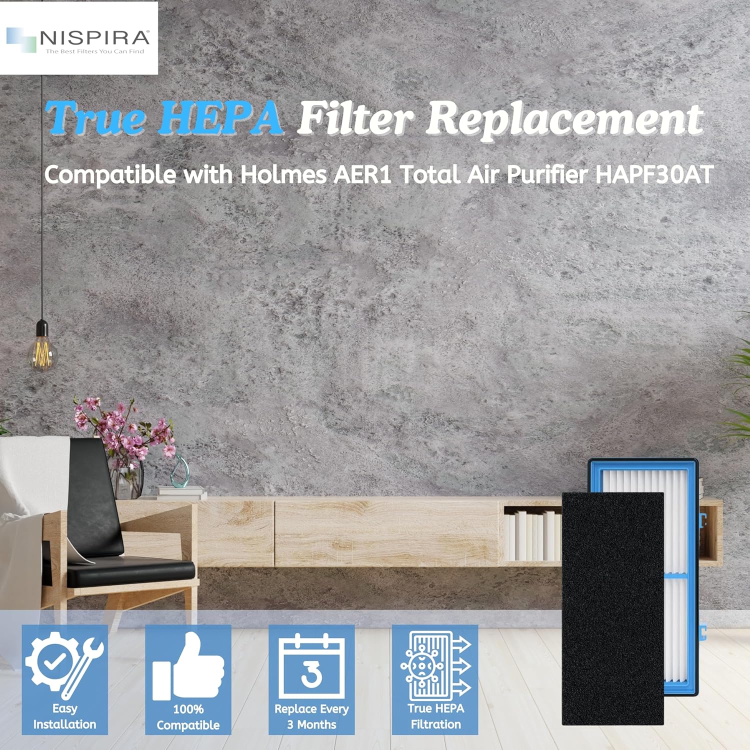 NISPIRA True HEPA Filter Replacement Compatible with Holmes AER1 Total Air Purifier HAPF30AT Easy Installation 100% Compatible Replace Every 3 Months True HEPA Filtration