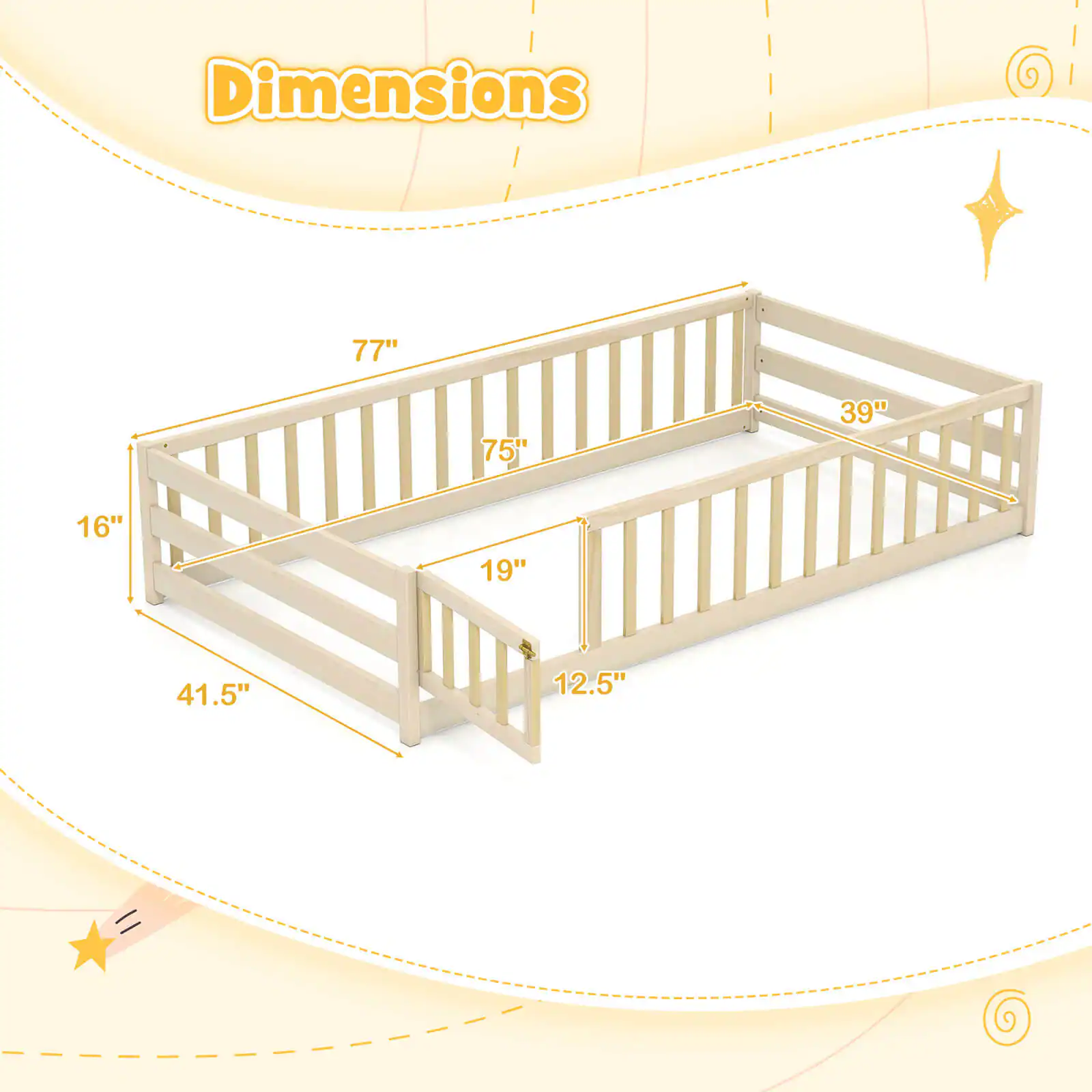Dimensions:  
- Length: 77"  
- Width: 39"  
- Height: 75"  
- Side Rail Height: 16"  
- Bottom Rail Height: 19"  
- Front Rail Height: 12.5"  
- Depth: 41.5"