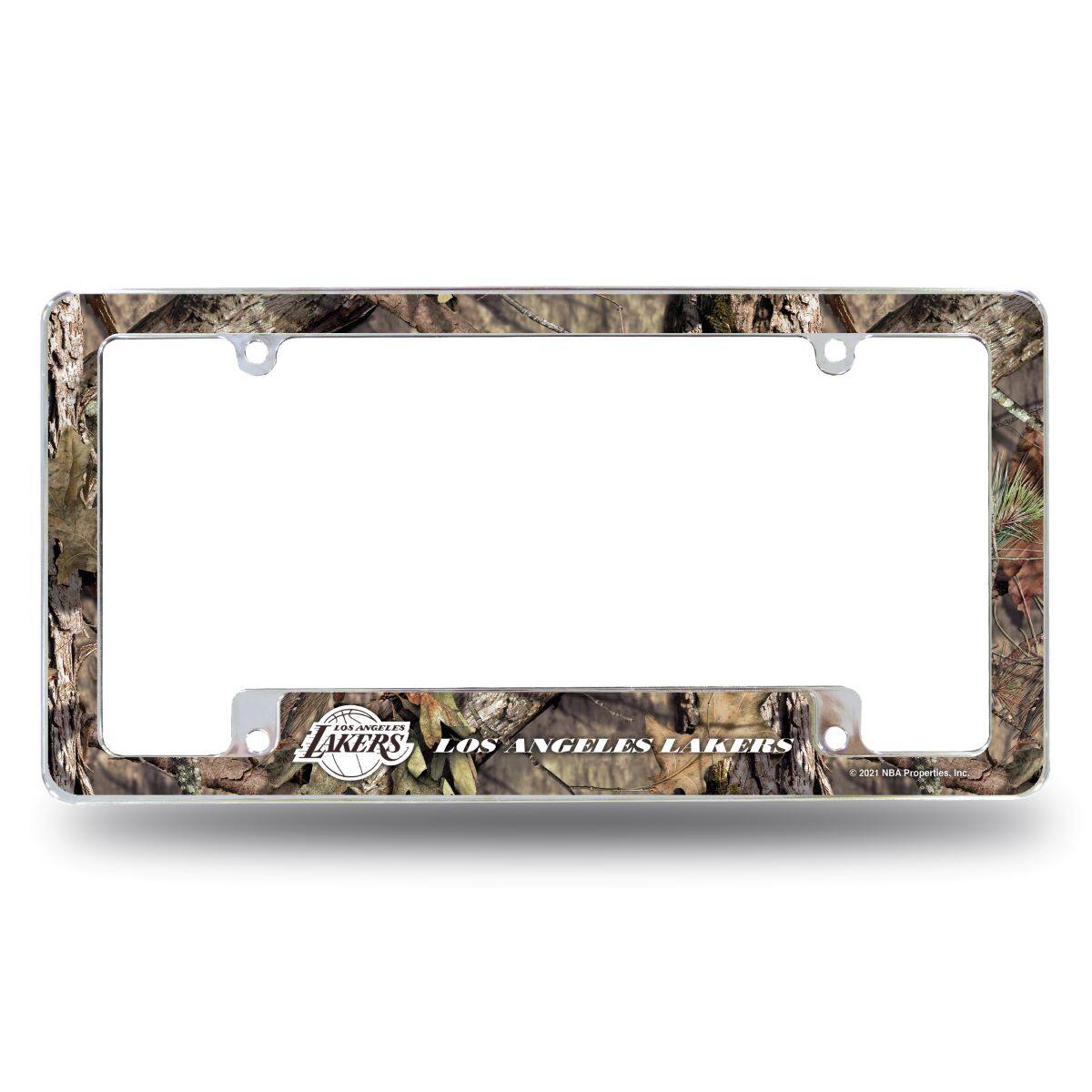 Los Angeles Lakers Chrome Metal License Plate Frame with Bold Mossy Oak Camouflaged Camo Design