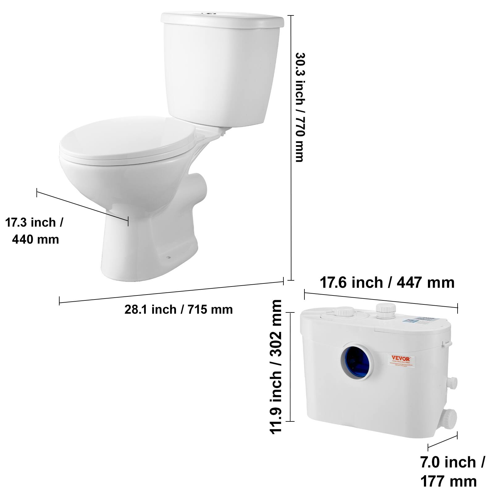 30.3 inch / 770 mm  
17.3 inch / 440 mm  
28.1 inch / 715 mm  
11.9 inch / 302 mm  
17.6 inch / 447 mm  
7.0 inch / 177 mm