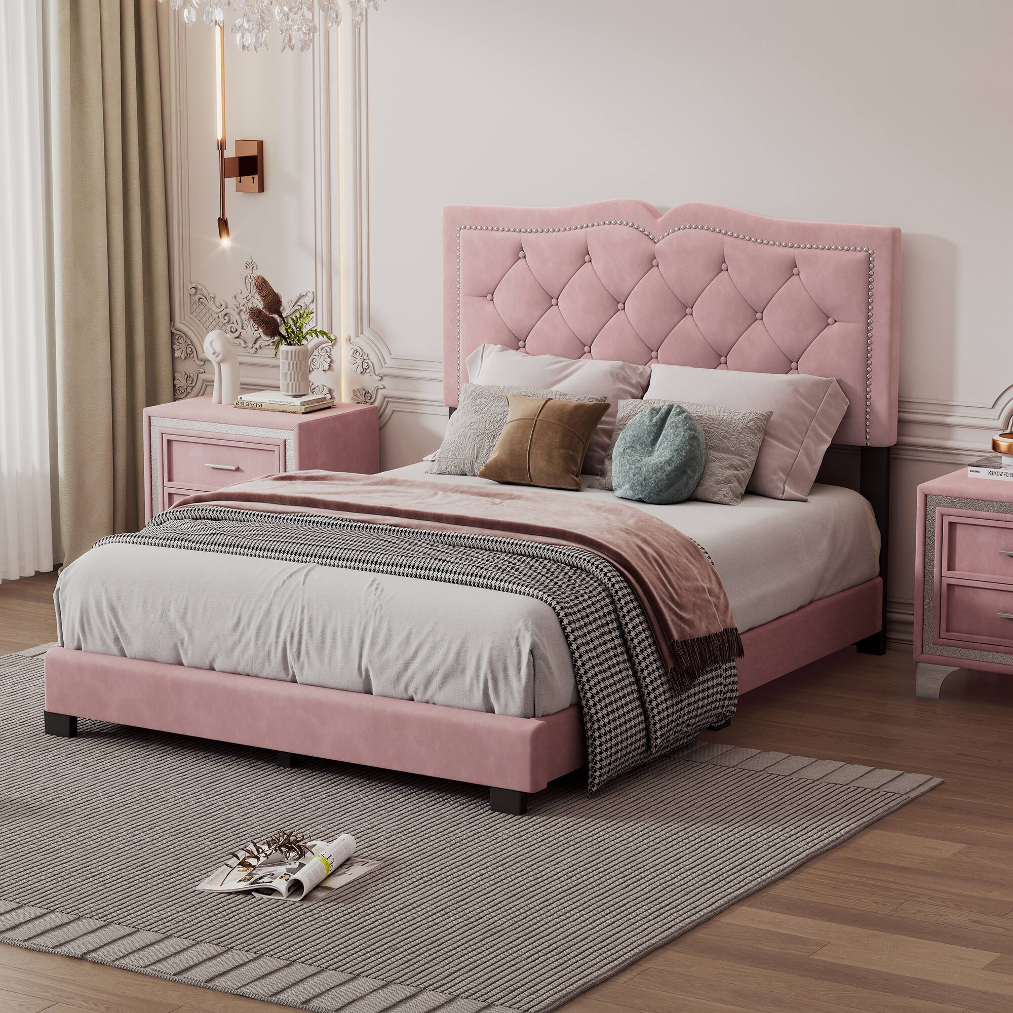 Tiramisubest - Full Size Upholstered Bed Frame with Rivet Design, Modern Velvet Platform Bed with Tufted Headboard,Pink - Pink