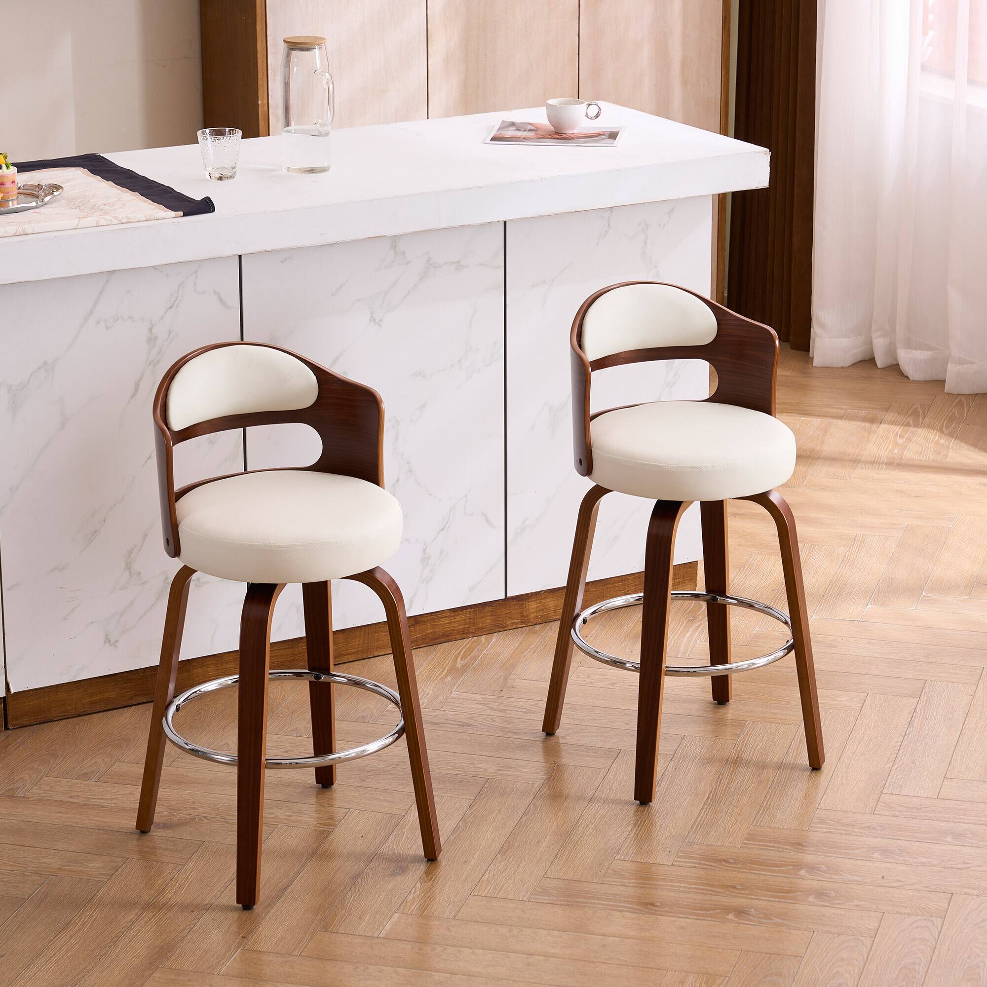 Angle. FERPIT - FERPIT Faux Leather Swivel Counter Bar Stools with Wood Legs Set of 2, White, 26" - White.