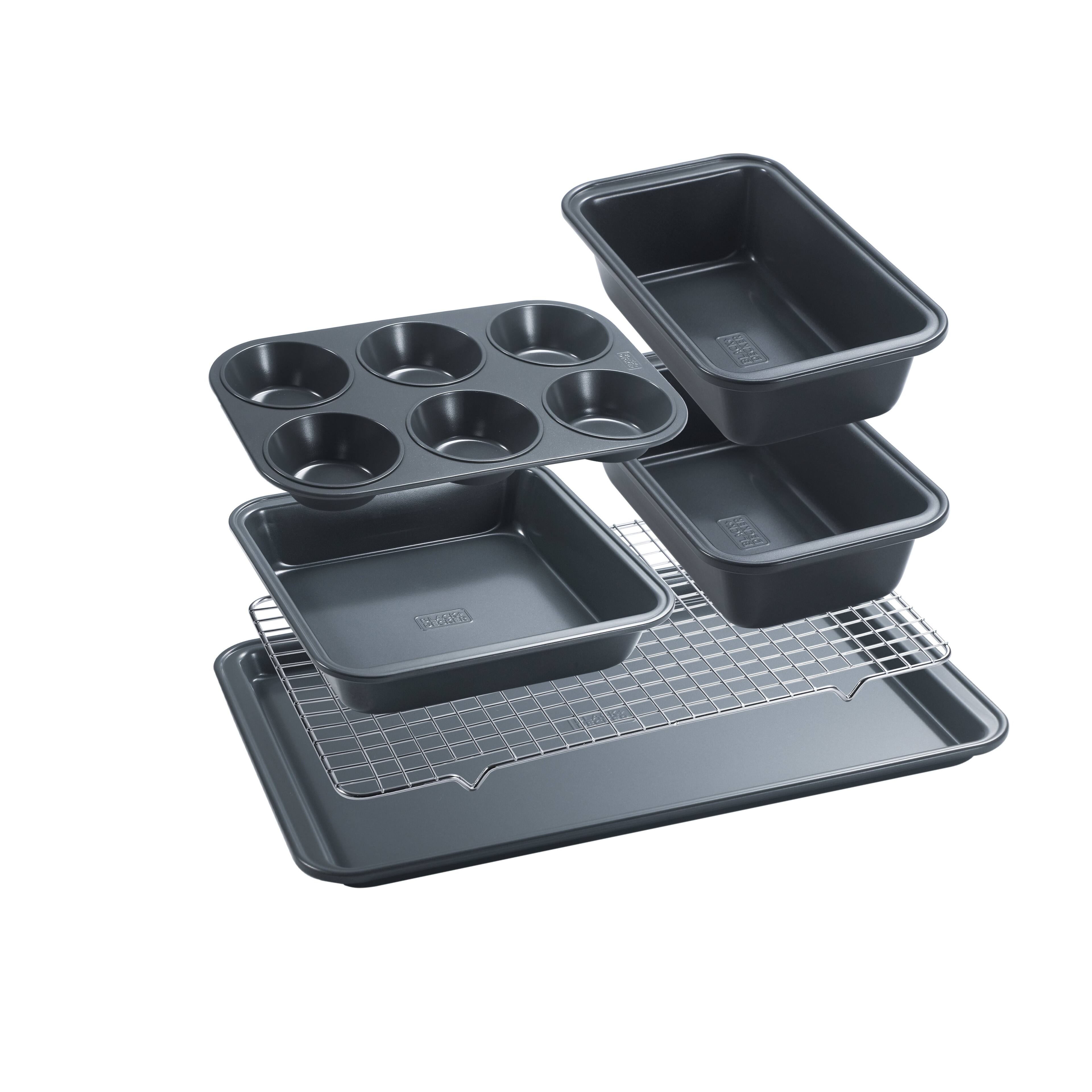 Angle. Black+Decker - BLACK+DECKER 6-Piece Carbon Steel Bakeware Set,Includes Cookie Sheet, Cooling Rack, Loaf Pans, Cake Pan and Muffin Pan - Black.