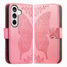 Front. Dteck - Wallet Case for Samsung Galaxy A16 5G, Embossed Butterfly Pattern Leather Card Slots Flip Stand Cover+Strap - Pink.