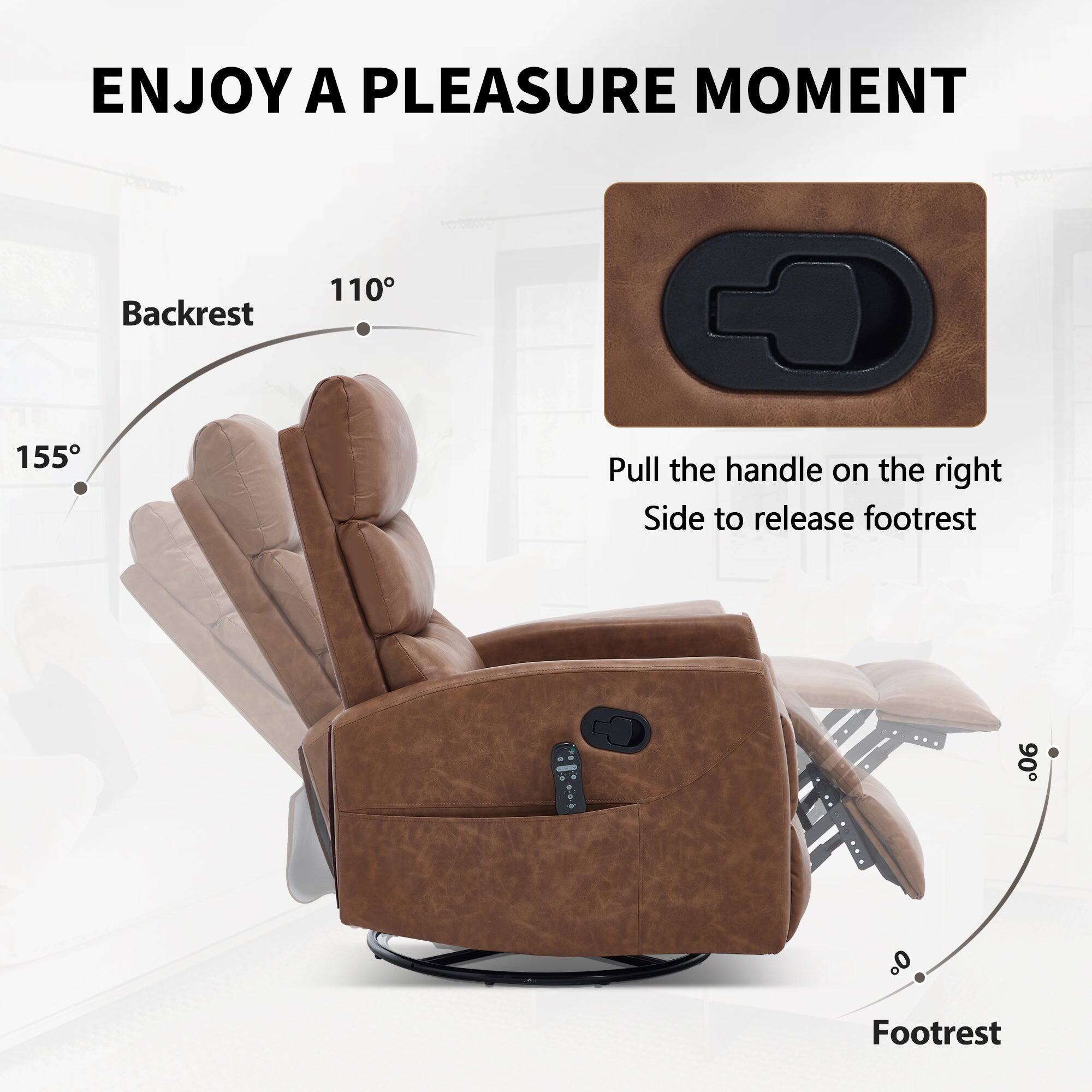 ENJOY A PLEASURE MOMENT

Backrest
110°
155°

Footrest
90°

Pull the handle on the right side to release footrest