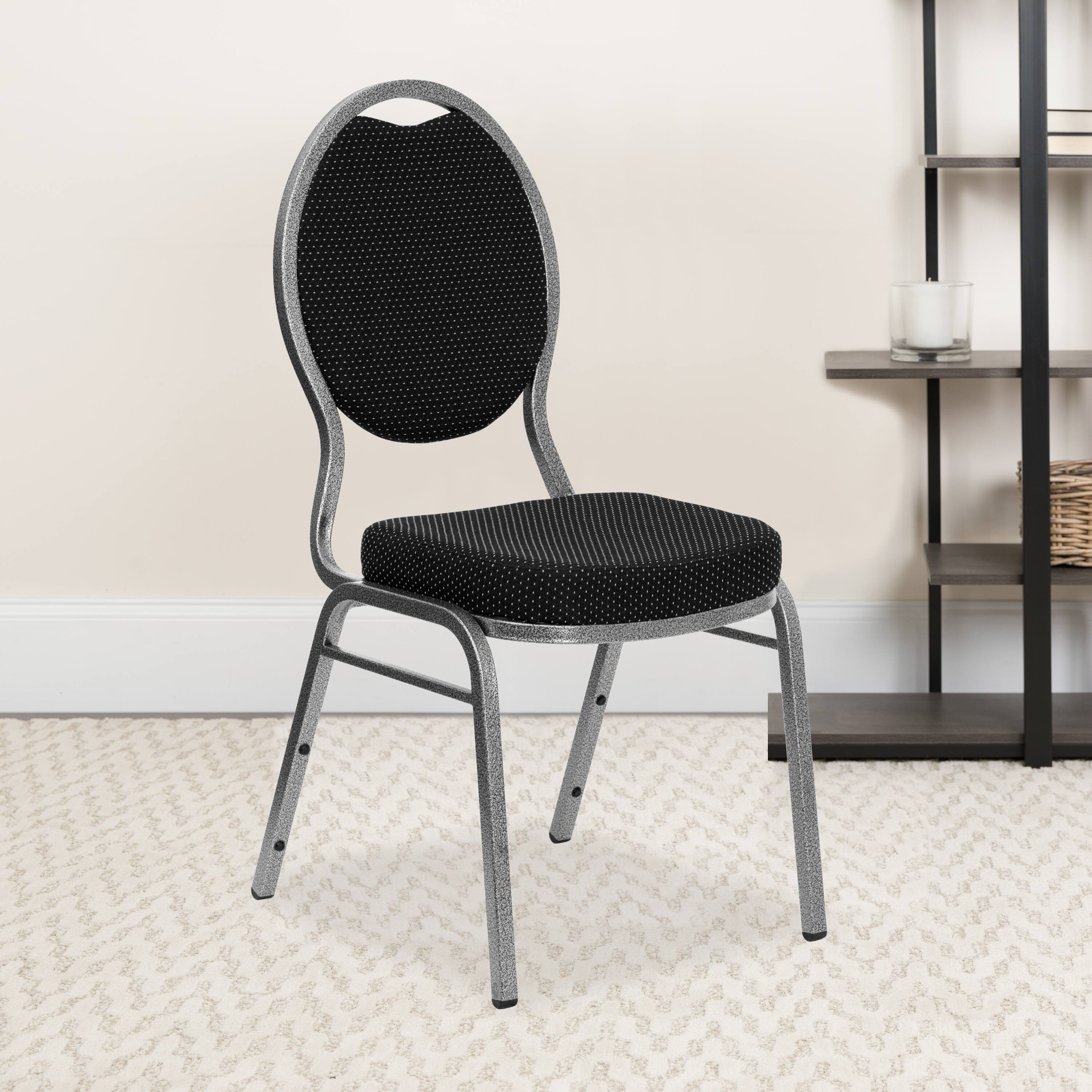 Alt View 2. Emma + Oliver - 4 Pack Teardrop Back Stacking Banquet Chair - Black Patterned Fabric/Silver Vein Frame.