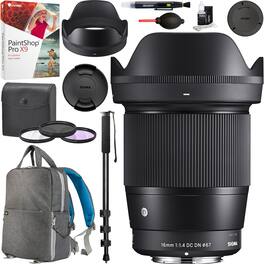 Sigma - 16mm f1.4 DC DN Contemporary Lens for Sony E-Mount 67mm Filter Backpack Bundle