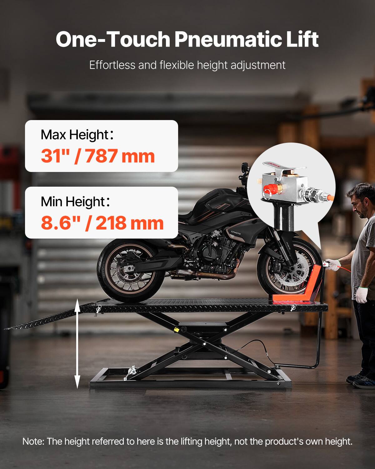 One-Touch Pneumatic Lift  
Effortless and flexible height adjustment  

Max Height: 31" / 787 mm  
Min Height: 8.6" / 218 mm  

Note: The height referred to here is the lifting height, not the product's own height.